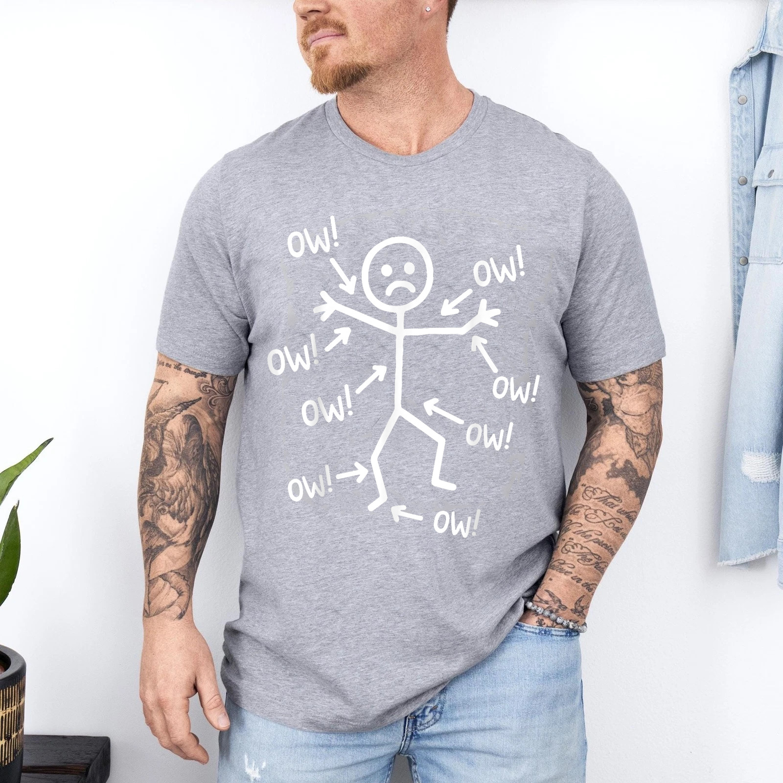 Ow Ow Ow Stick Character Figure Humor Chronic Pain Awareness T-Shirt