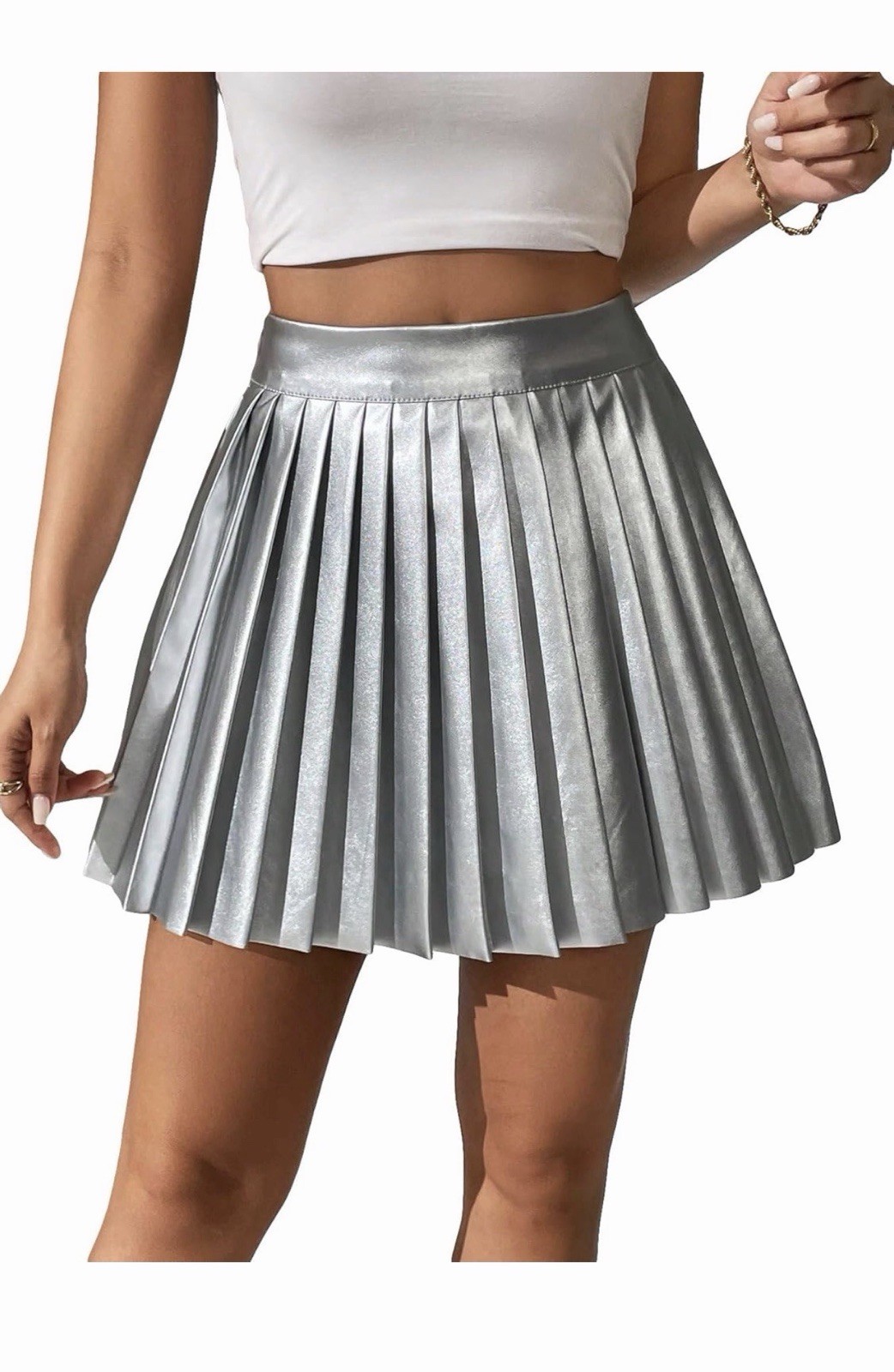 Floerns Women’s PU Leather High Waisted Pleated Skirt Faux Leather Medium Silver