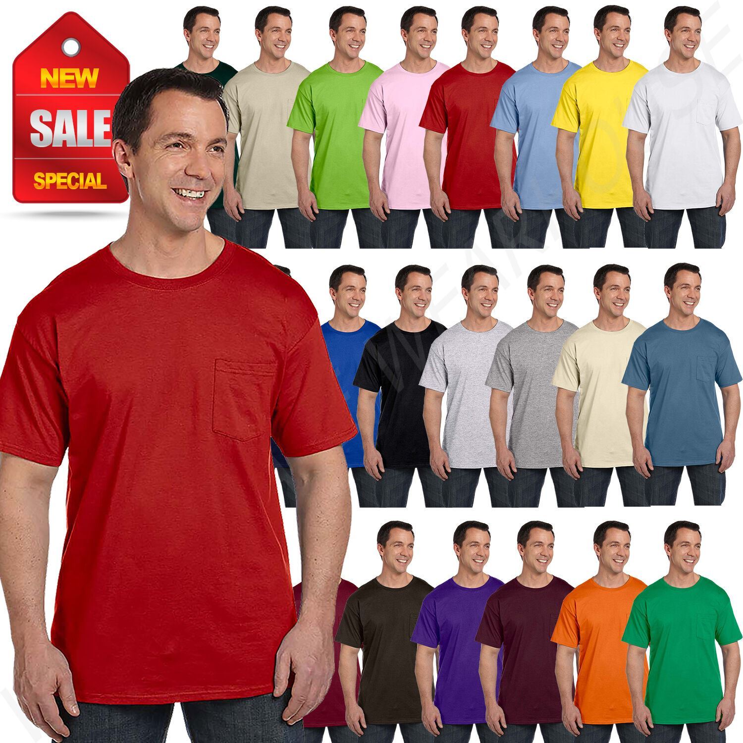 Hanes Mens Pocket T-Shirt 100% Heavy Cotton 6.1 oz Beefy Tee S-XL 5190P