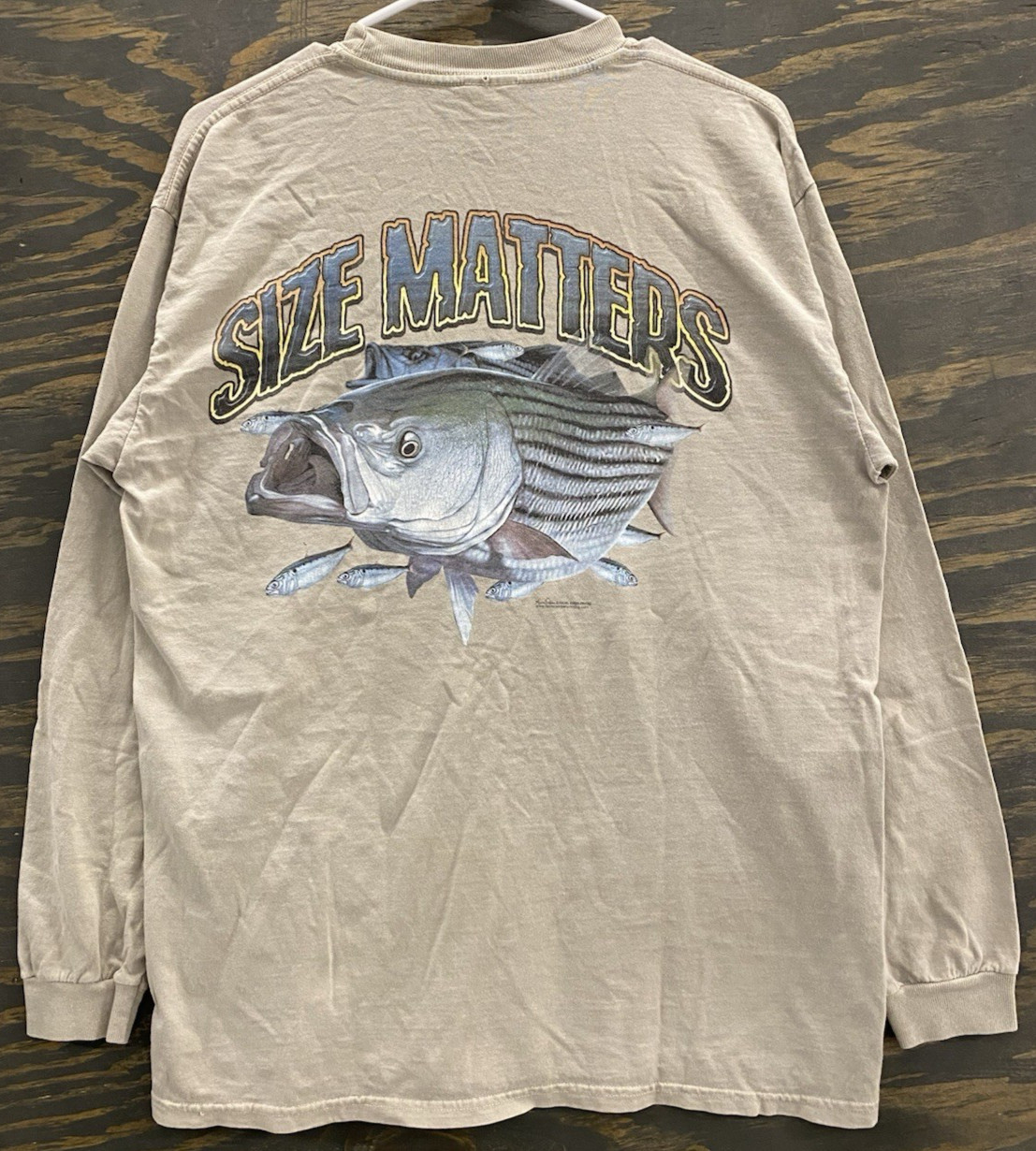 Vintage Ocean View Fishing Pier “Size Matters” Long Sleeve Shirt M Beige Bass