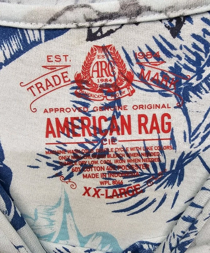 AMERICAN RAG XXL LIGHT BLUE TROPICAL FLORAL LEAF INSIDE OUT RAW EDGE SHIRT TEE