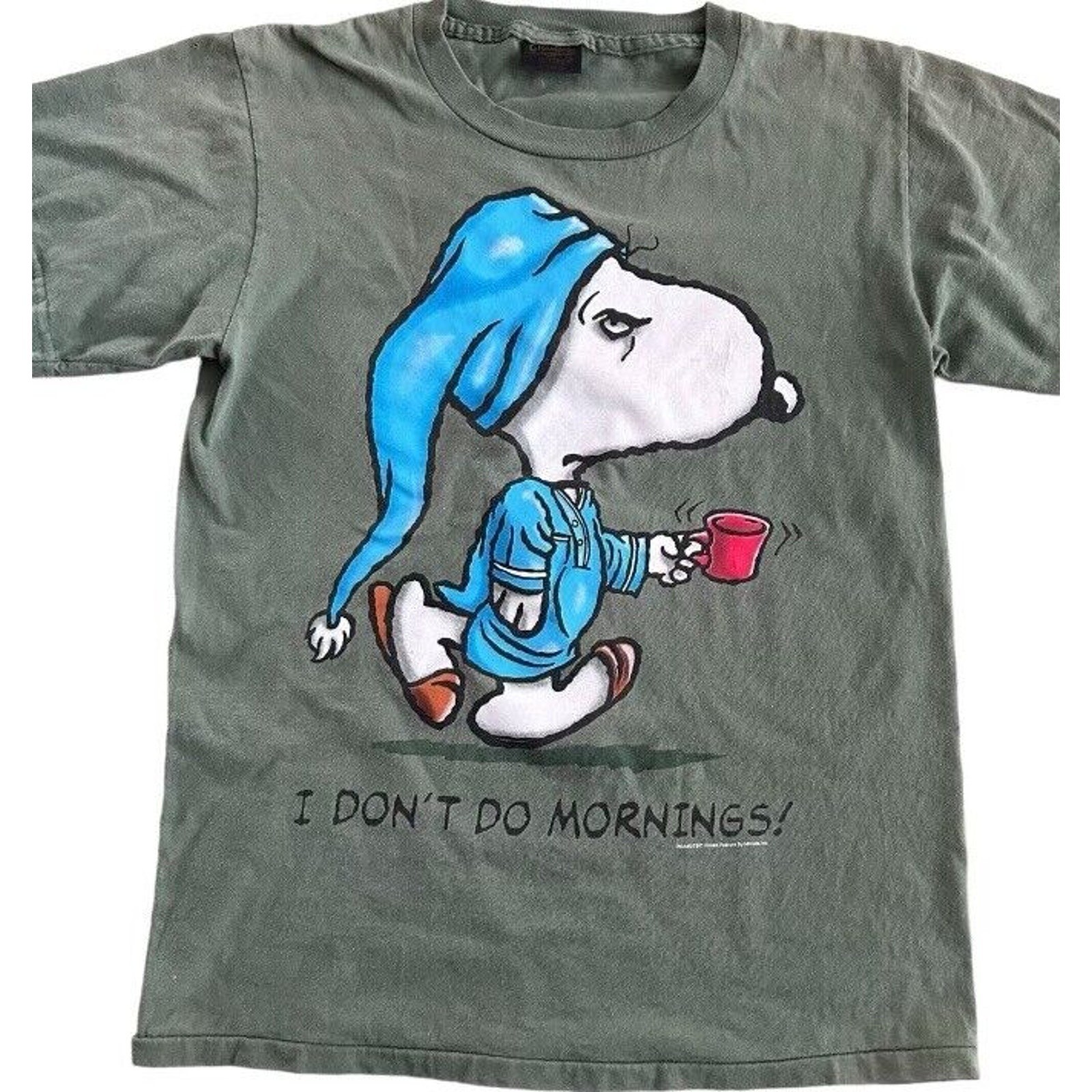 VTG Peanuts Snoopy I Don’t Do Mornings Changes Med Single Stitch Bottom T Shirt