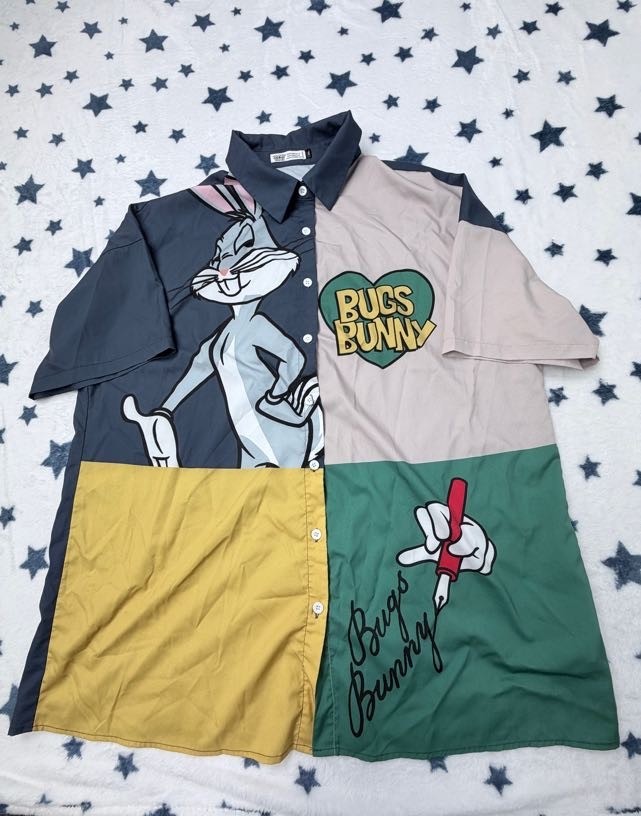 Looney Tunes Bugs Bunny Button Up Shirt Mens 2XL Colorblock Graphic Cartoon AOP