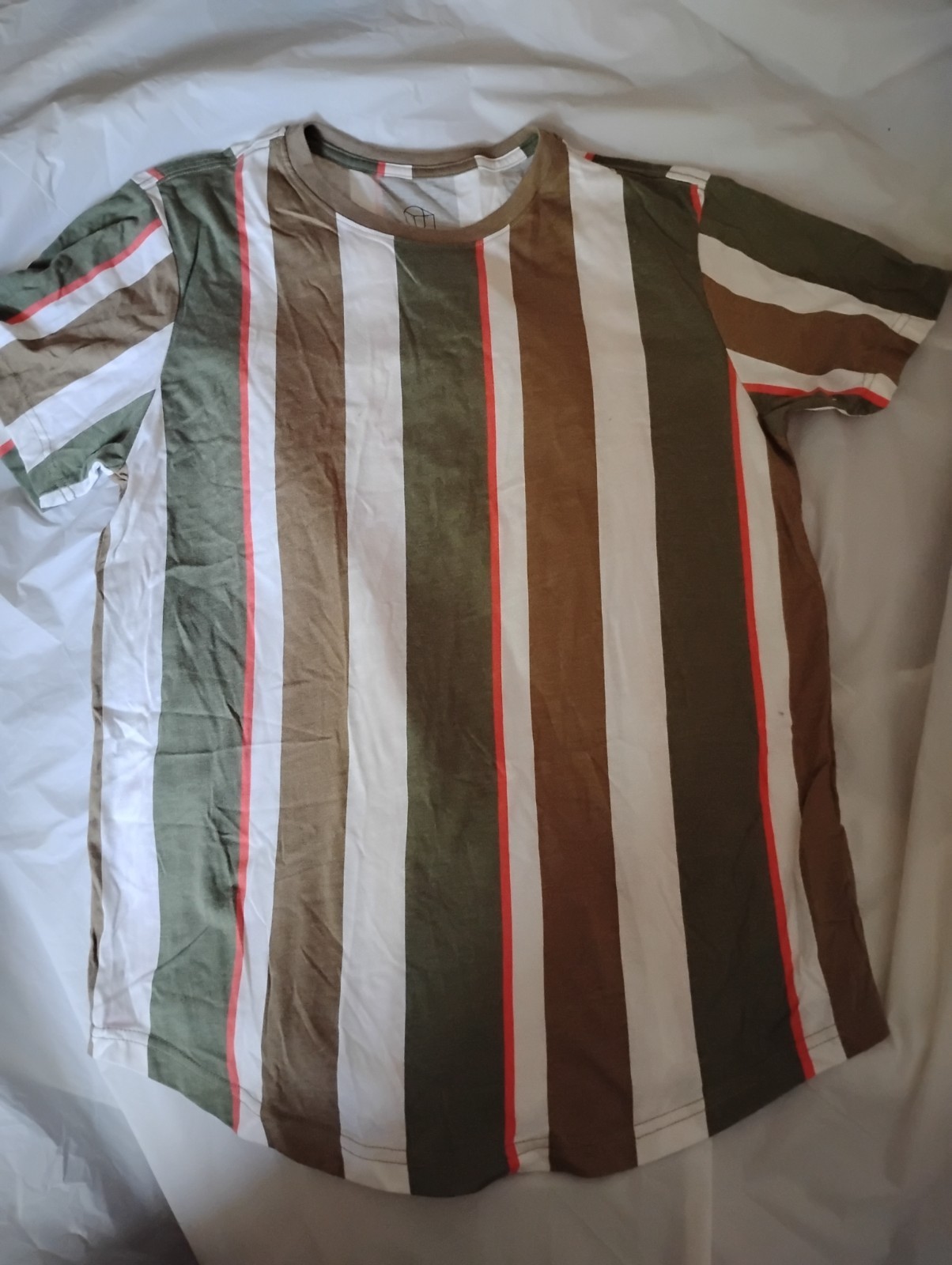 Original Use Green Brown White Striped Short Sleeve Curved Hem T-Shirt, Childs S