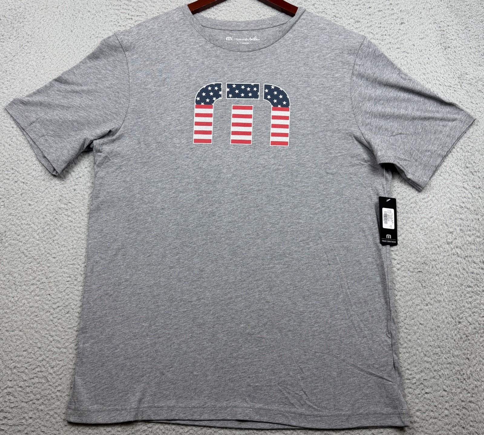Travis Mathew Graphic T Shirt Mens Large Gray Star Stripes Pima Cotton Logo Flag