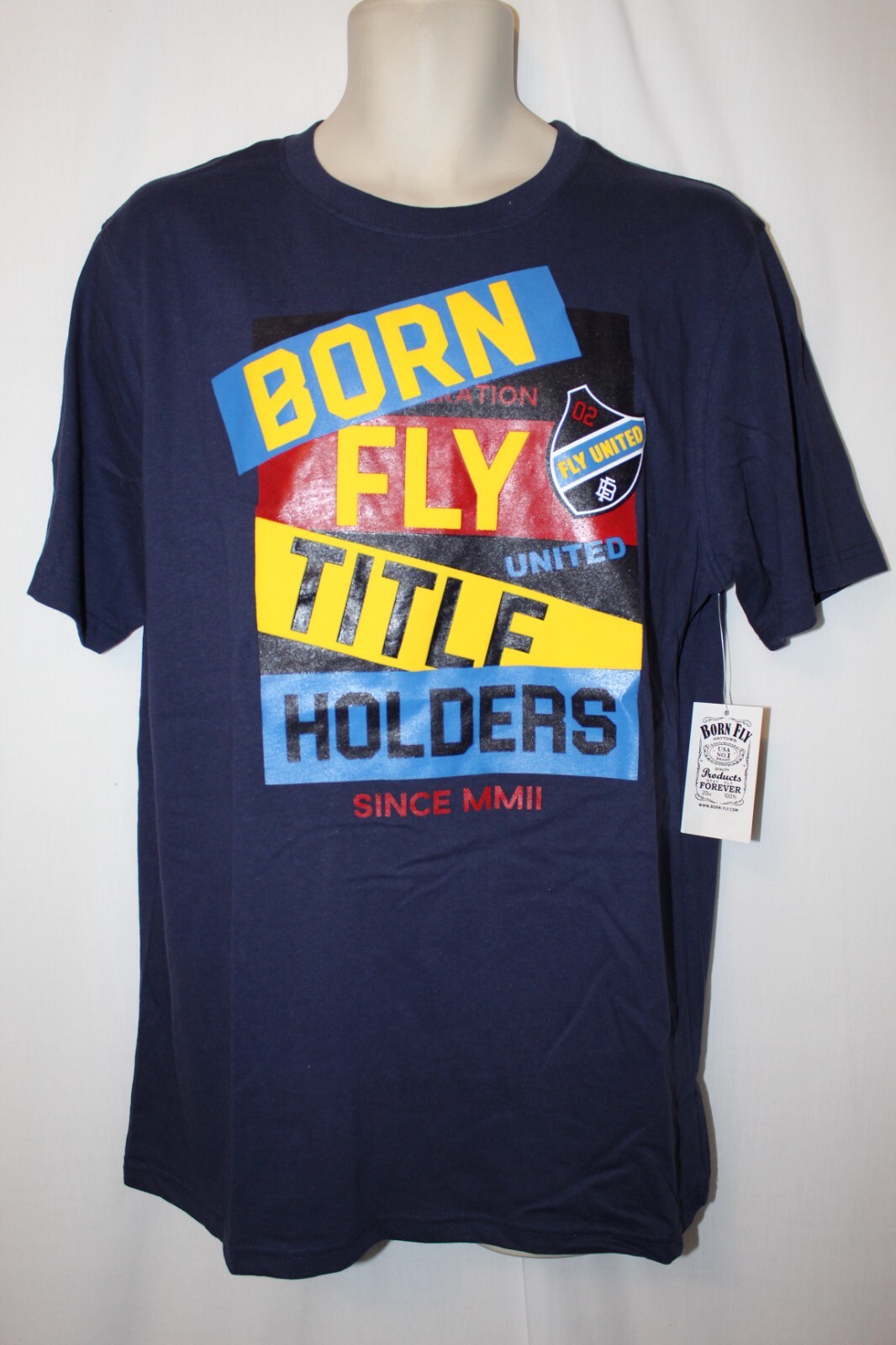 mens born fly t-shirt L nwt title holders blue