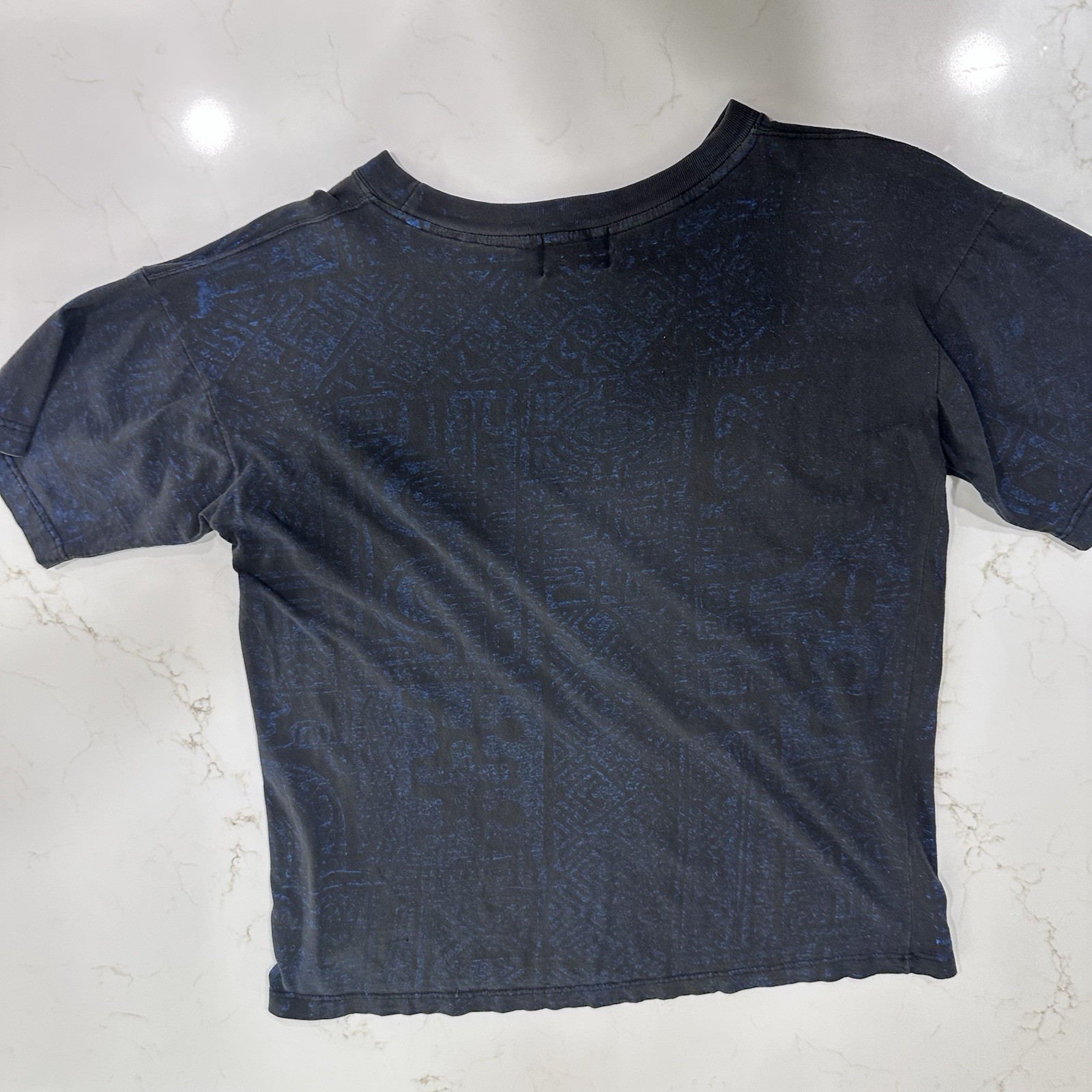 Bora Bora Magic Power Tahiti Shirt Mens Sz 44 Blue SS Hawaiian Graphic All Over