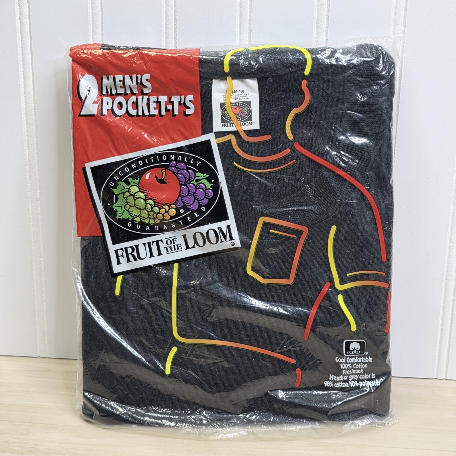 1995 2 Pack Fruit of the Loom Pocket Shirt NOS Vintage XL Black Made In USA