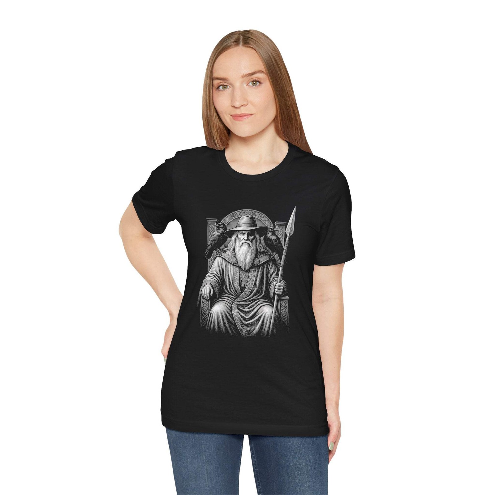 Odin Norse God T-Shirt with Ravens & Spear | Viking Mythology Tee Shirt