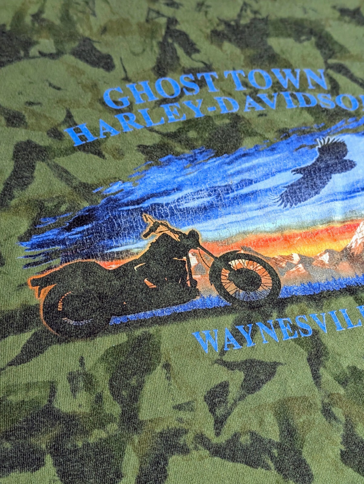 RARE Harley Davidson GHOST TOWN Men’s L (No Tag) Green Crinkle Dye Y2K NC Eagle