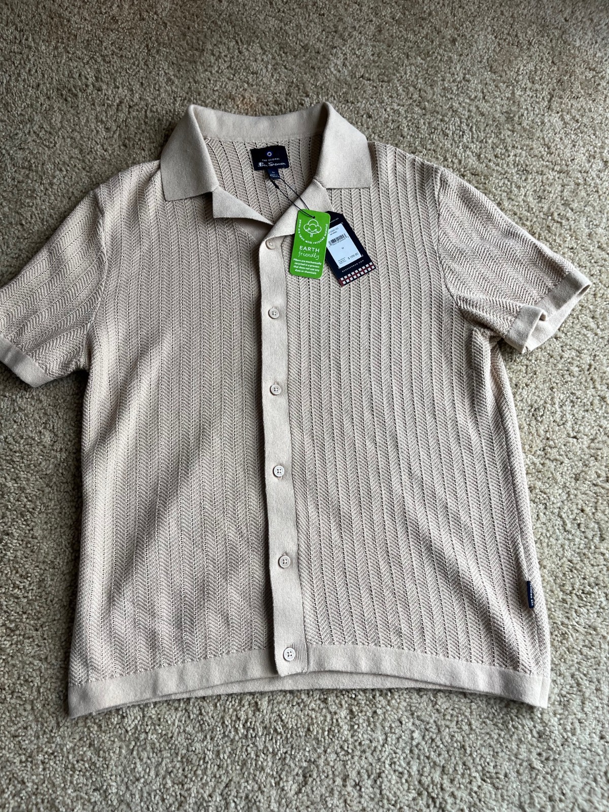 Ben Sherman Knit Polo Shirt Mens Medium Oatmeal Textured Button Front Resort NWT