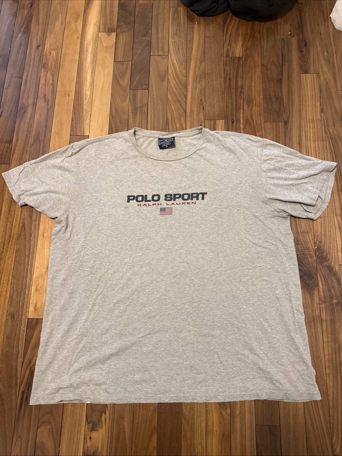 Vintage 90s Polo Sport Ralph Lauren Spell Out Flag Logo Gray Tee Shirt Men’s XL