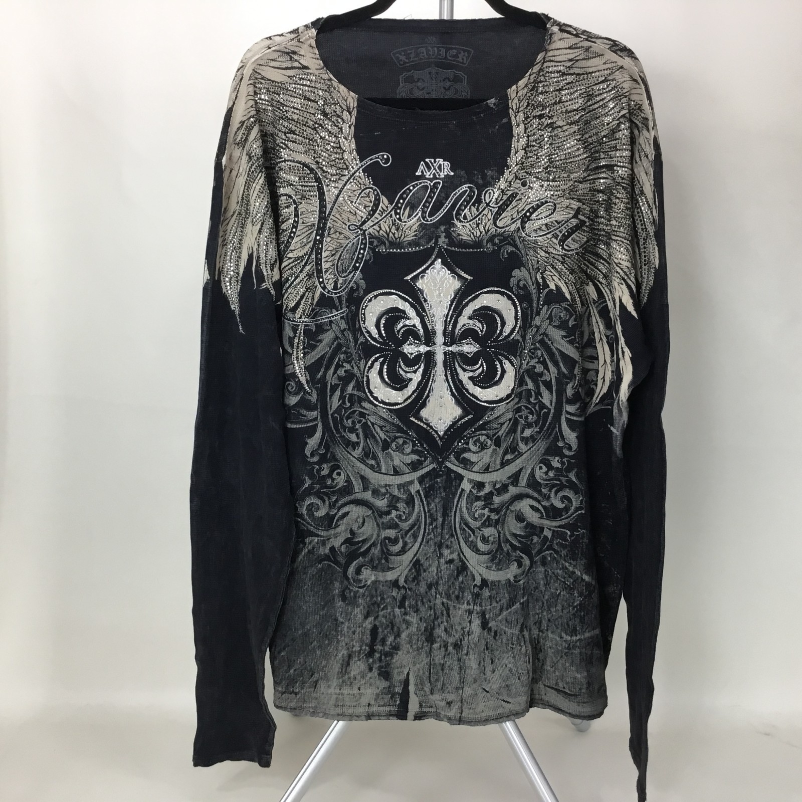 Xzavier Buckle All Over Print Studded Feather Wing Graphic T-shirt Men XL Black