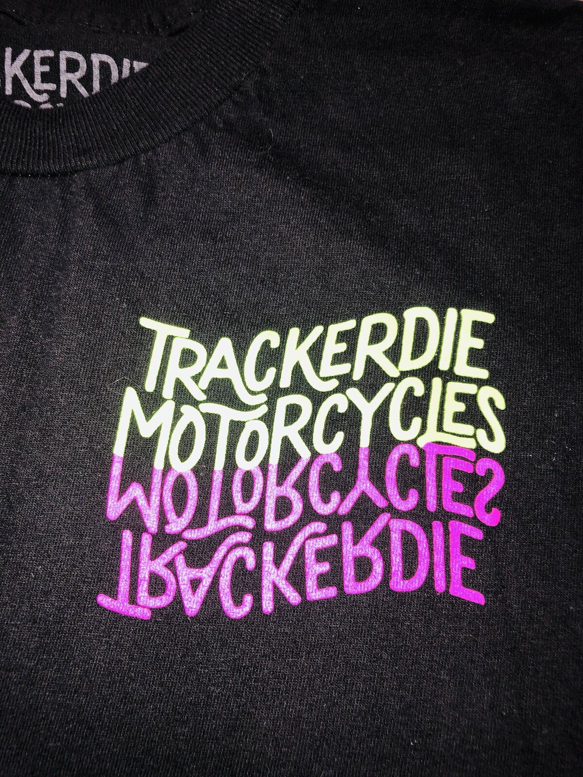 Trackerdie Motorcycles T Shirt Men’s M Black Double Sided Neon Logo