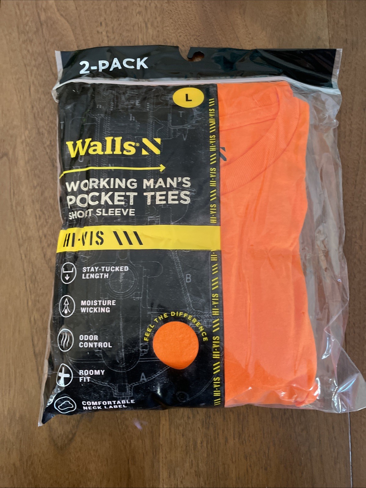 Walls Short Sleeve Working Man’s Pocket Tees LARGE Hi Visible Orange 2 Pack New