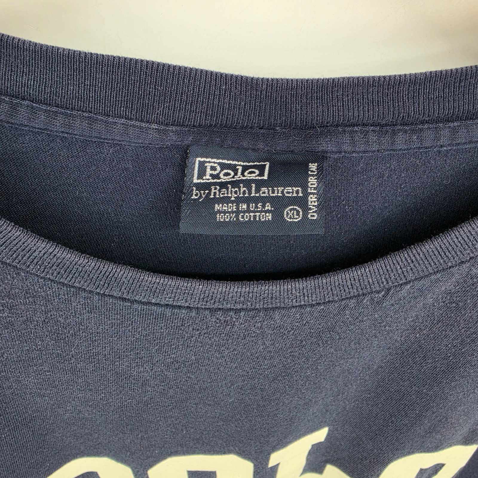Vintage 90s Polo Ralph Lauren Men’s T-Shirt Size Large Navy Blue White Spellout