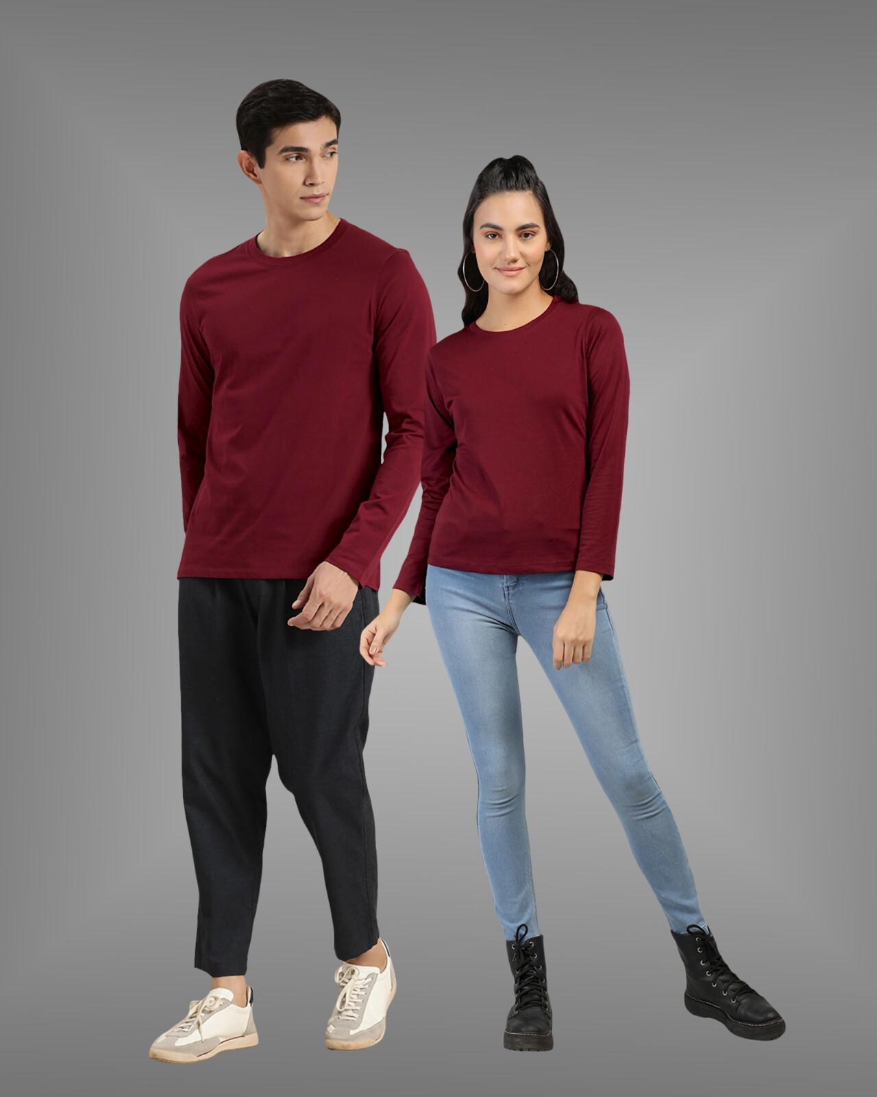 Twinny Zone Couple Full Sleeves Plain Cotton T-Shirts for Men and Women