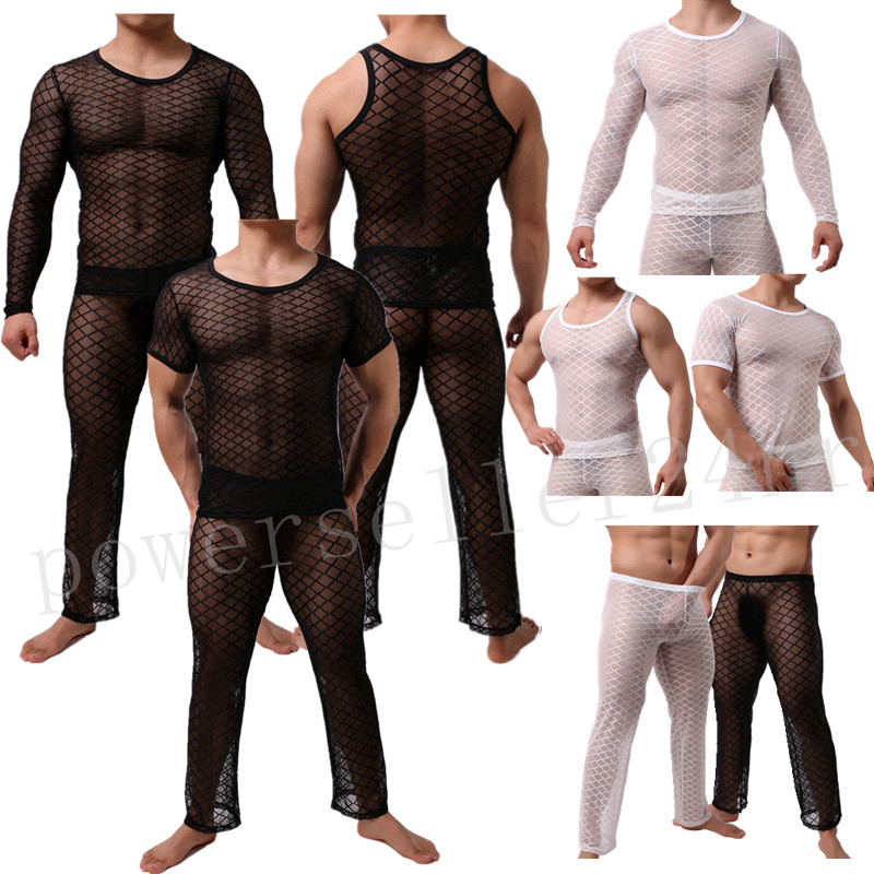 Fetish Mens Underwear Sheer Mesh Muscle T-Shirt Tank Tops Long Johns Trousers