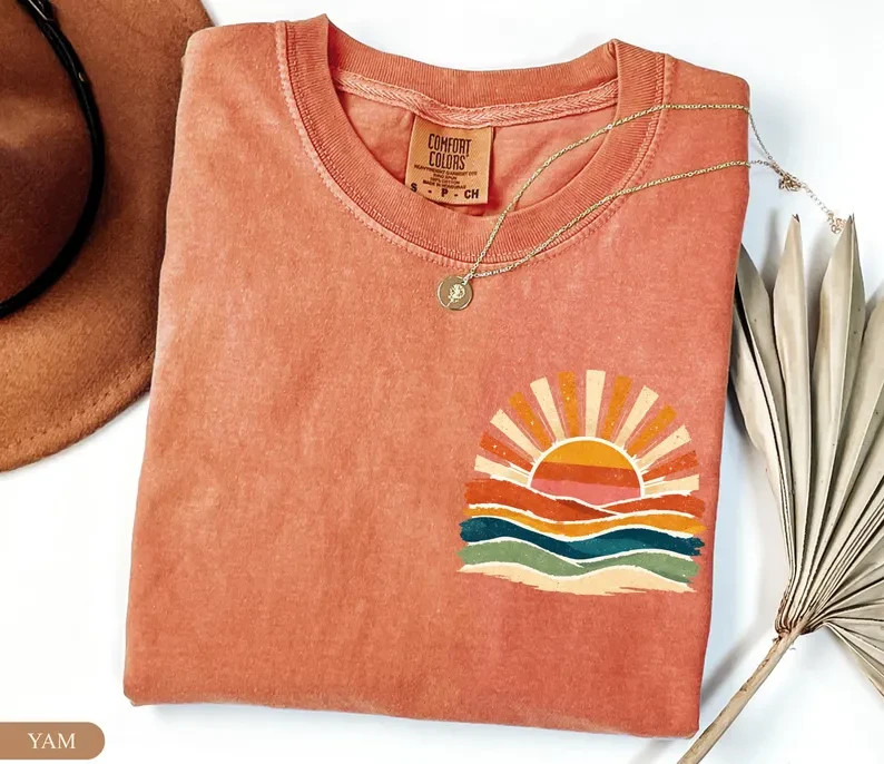 Retro Sun Waves Pocket Print Shirt Vintage Coastal Aesthetic Boho Tee
