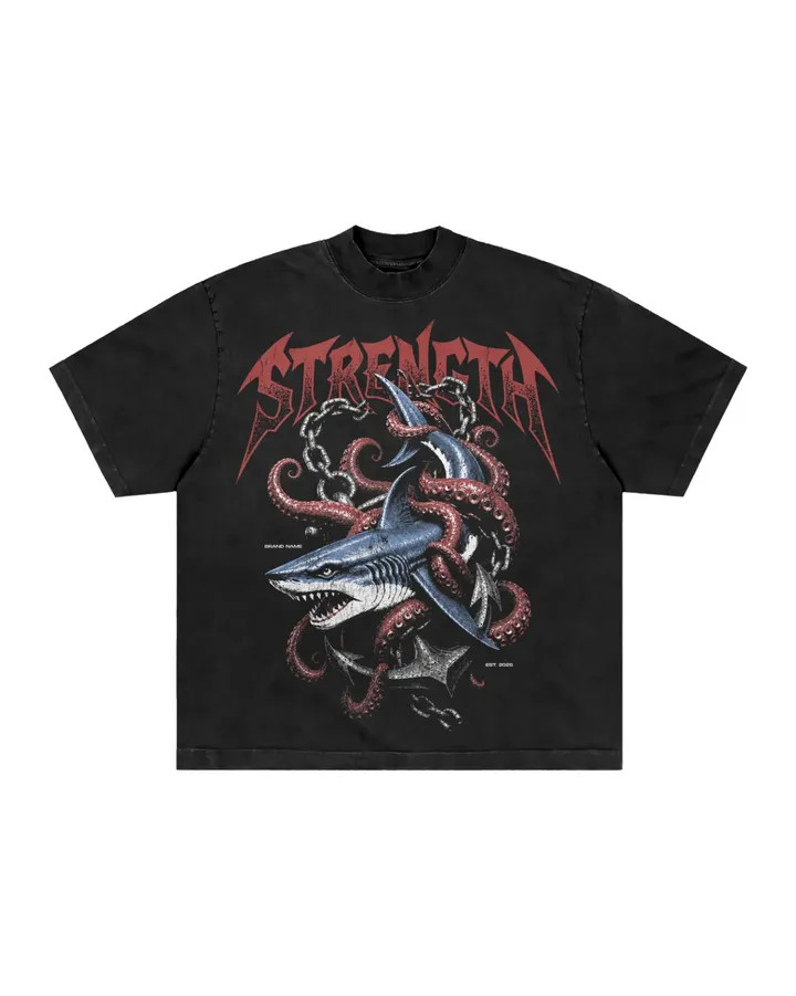 Men’s Vintage Washed Graphic T-Shirt Shark Octopus Anchor Print Streetwear Tee