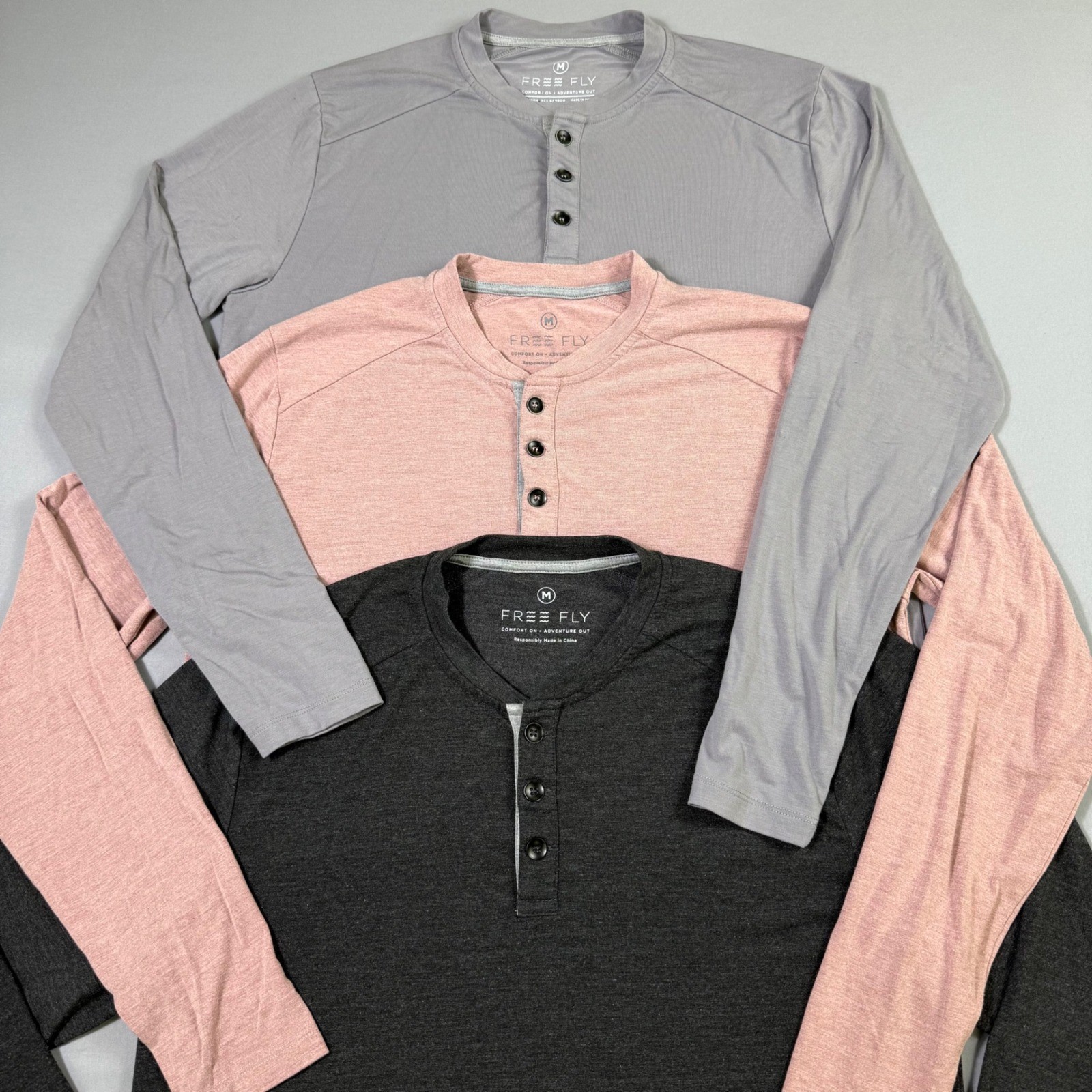 Lot of 3 Free Fly Henley Shirt Mens Medium Gray Pink Charcoal Bamboo Long Sleeve