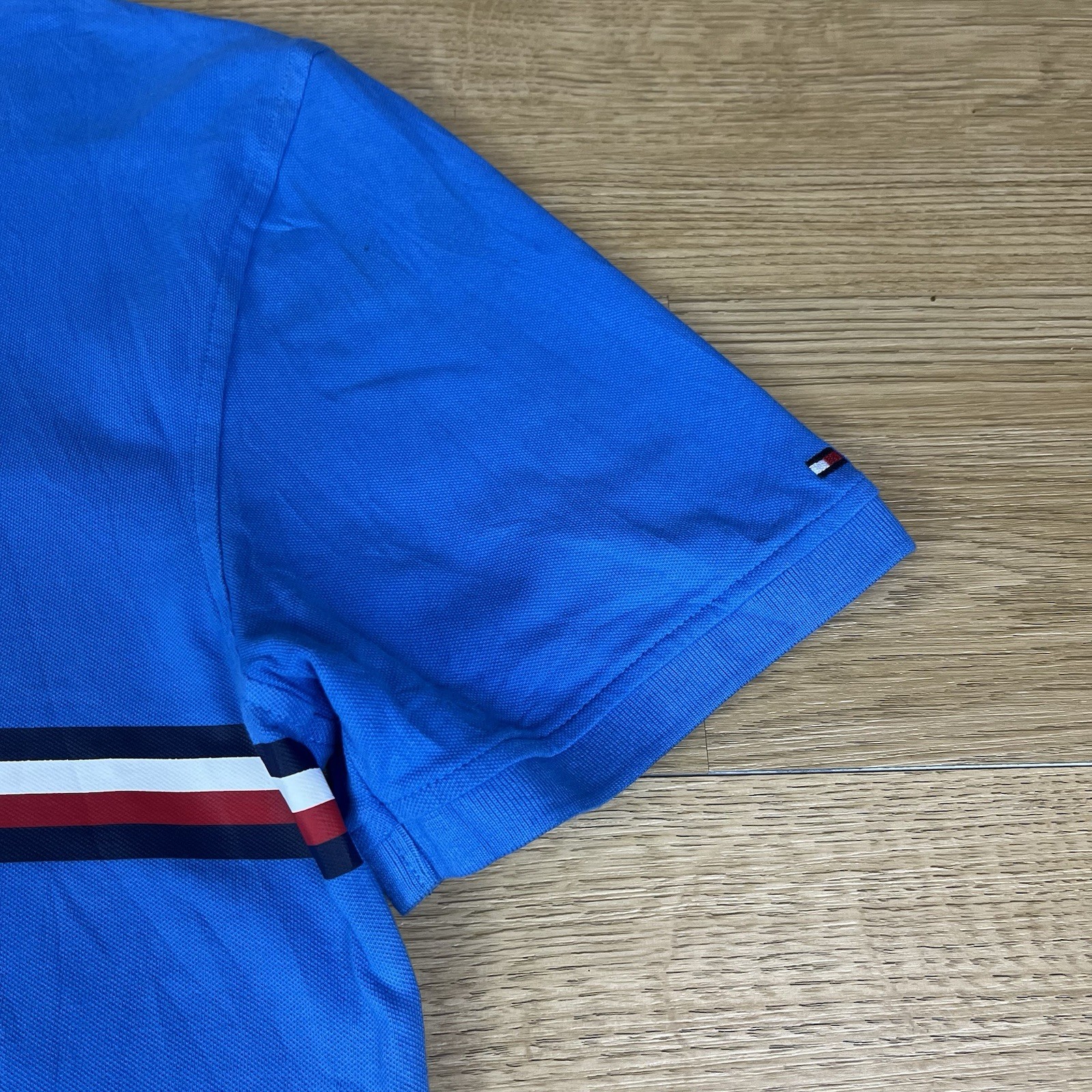 Tommy Hilfiger Blue Logo Stripe Spellout Polo Shirt Custom Fit Casual Tee XL