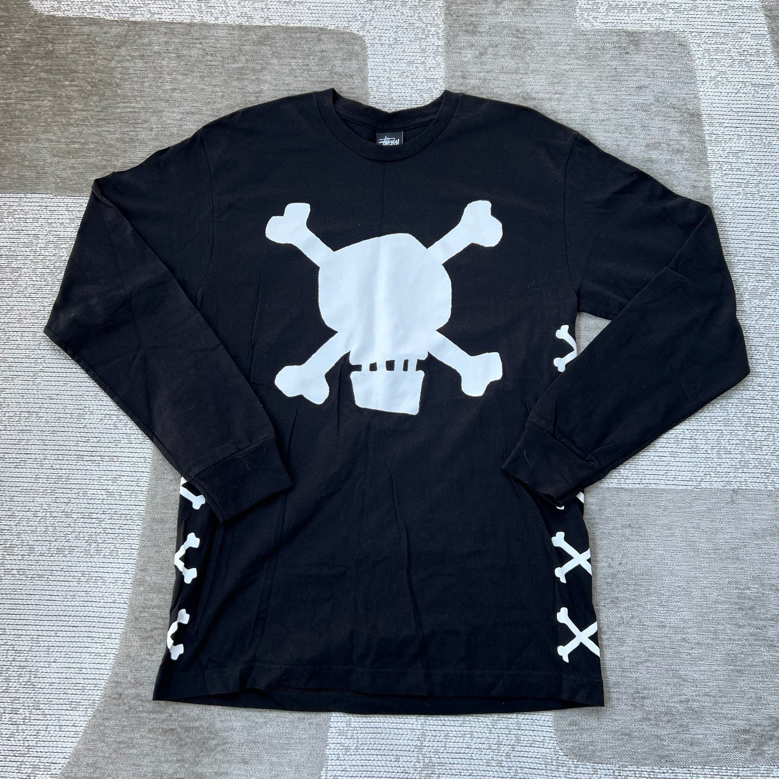 Stussy Shirt Mens M Black Long Sleeve Skull Bones Worldwide Double Sided Skater