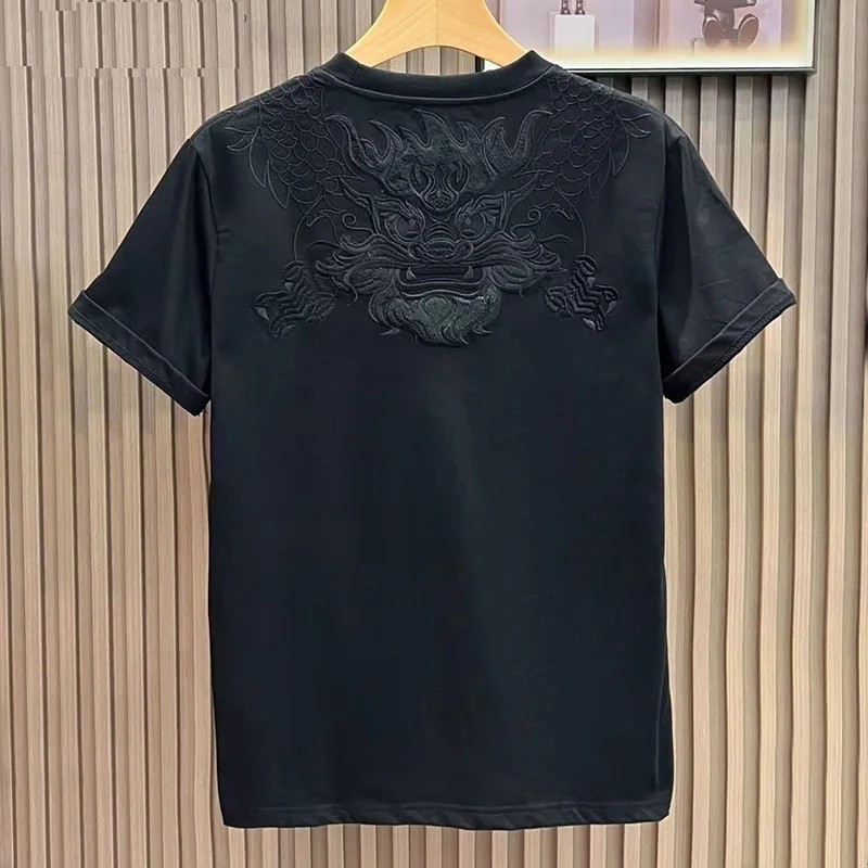 Men’s Dragon Embroidery T-Shirt Casual Short Sleeve Cotton Hip Hop Tee Top
