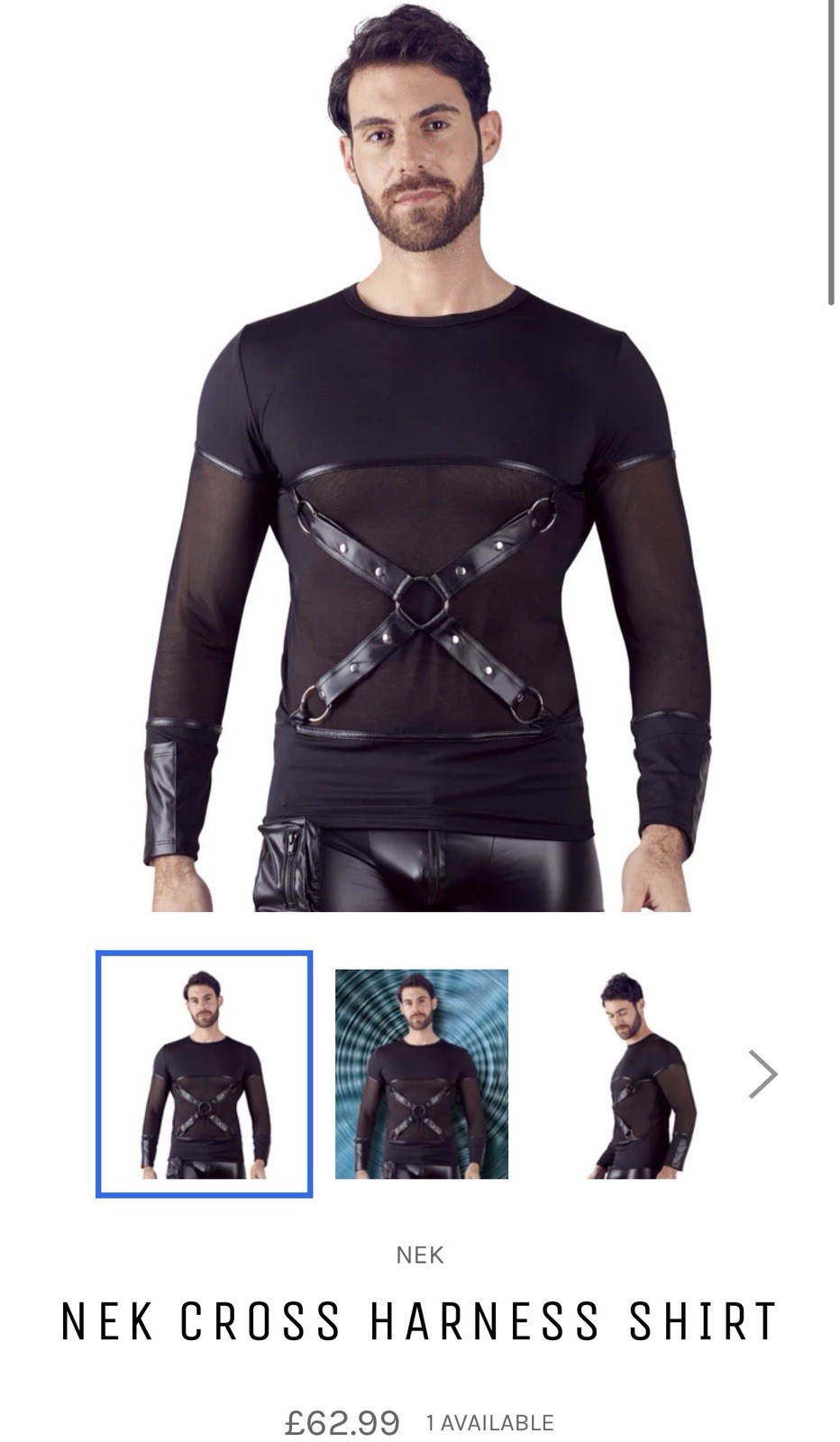 NEK Men’s Harness Top Size Large Black Long Sleeve Mesh Erotic