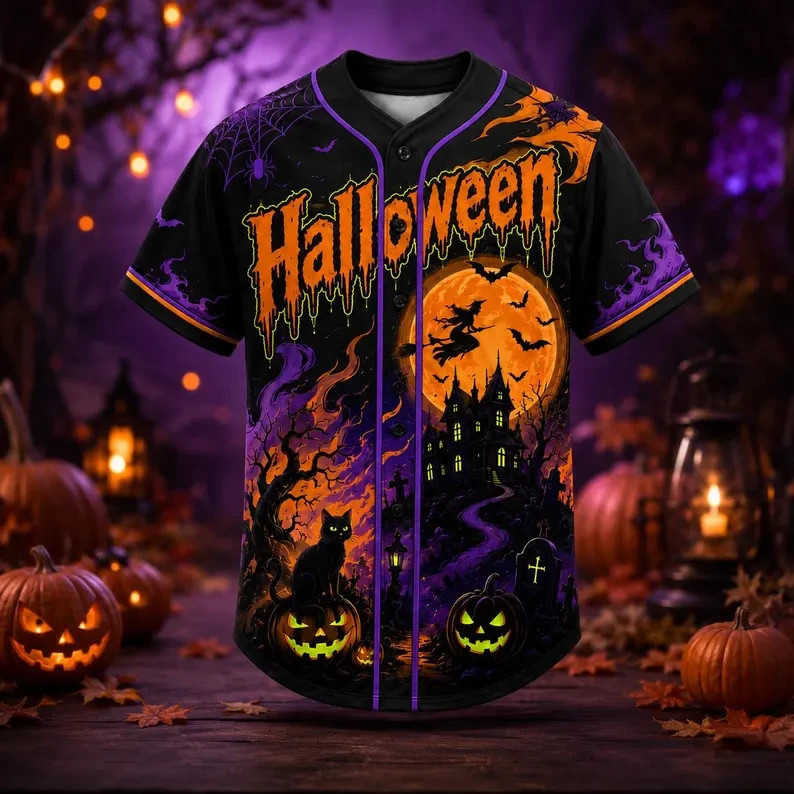 Custom Halloween Spooky Castle & Witch Baseball Jersey, Personalized Name,Number