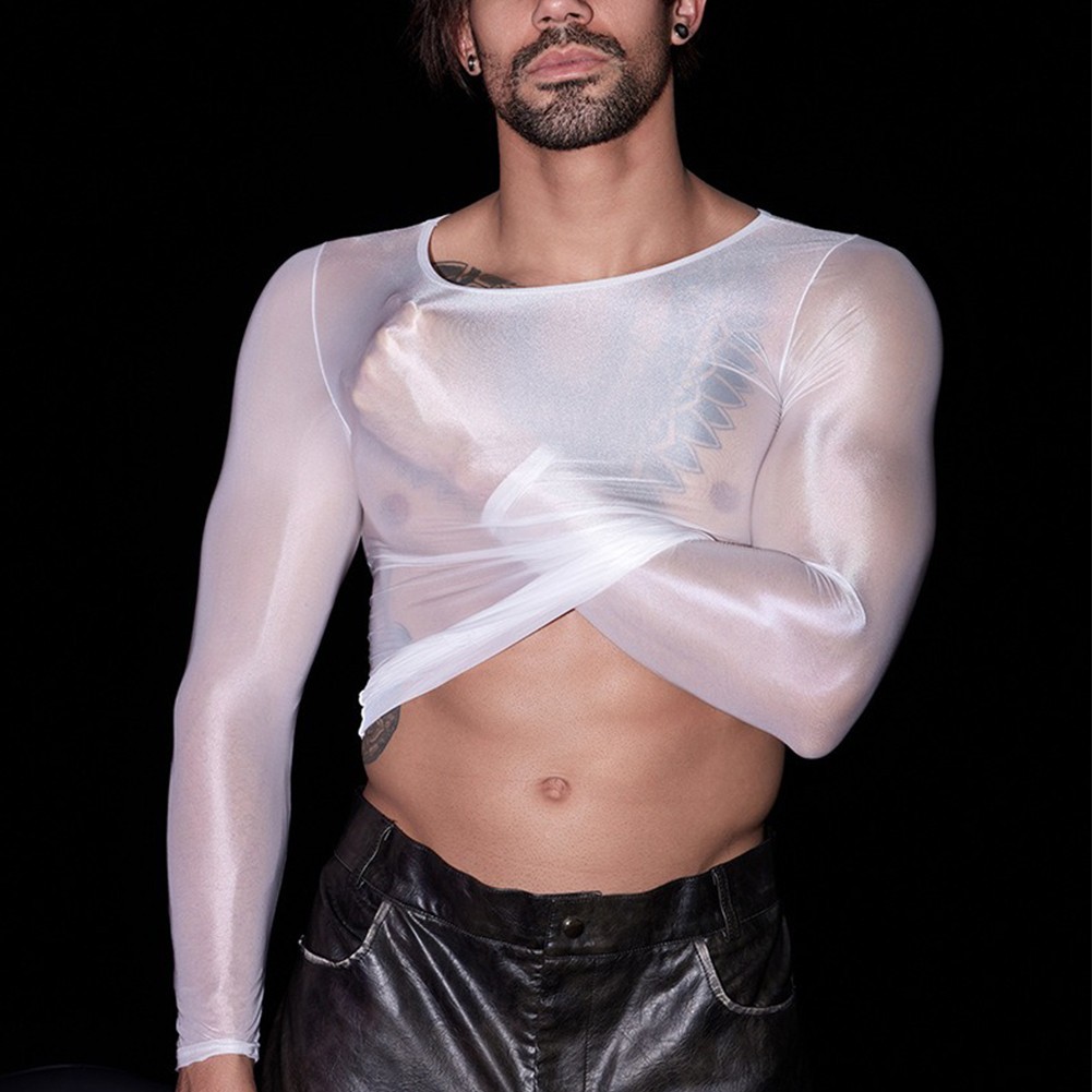 Men’s Oil Shiny See Through Long Sleeve Sheer Tights Top Sexy Lingerie Shirt