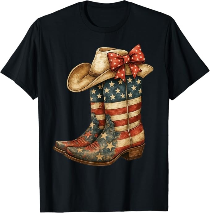 Retro Western Cowboy Boots Cowgirl American Flag 4th of July T-Shirt