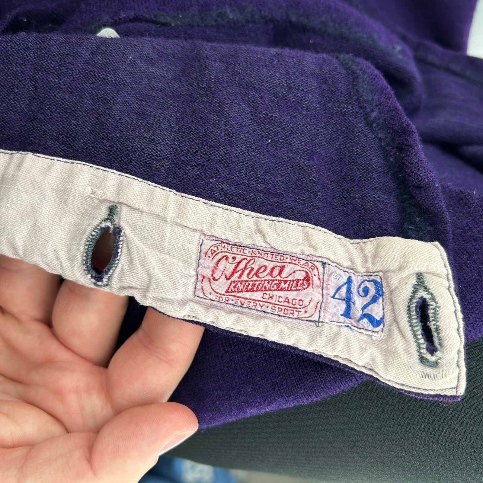 VTG 20s 30s Purple O’Shea Knitting Mills Wool Button Crotch Football Jersey 42