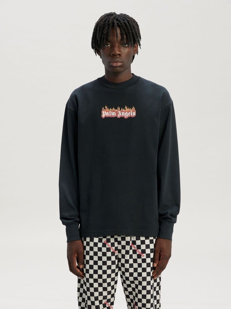 Palm Angels Burning Logo Classic Tee Long Sleeve Black Designer Shirt