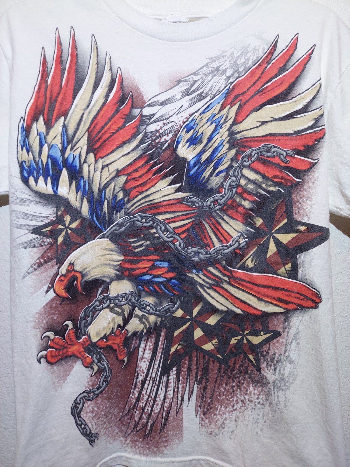 American Bald Eagle Graphic White T-Shirt Patriotic Red/White/Blue Pre-owned GUC