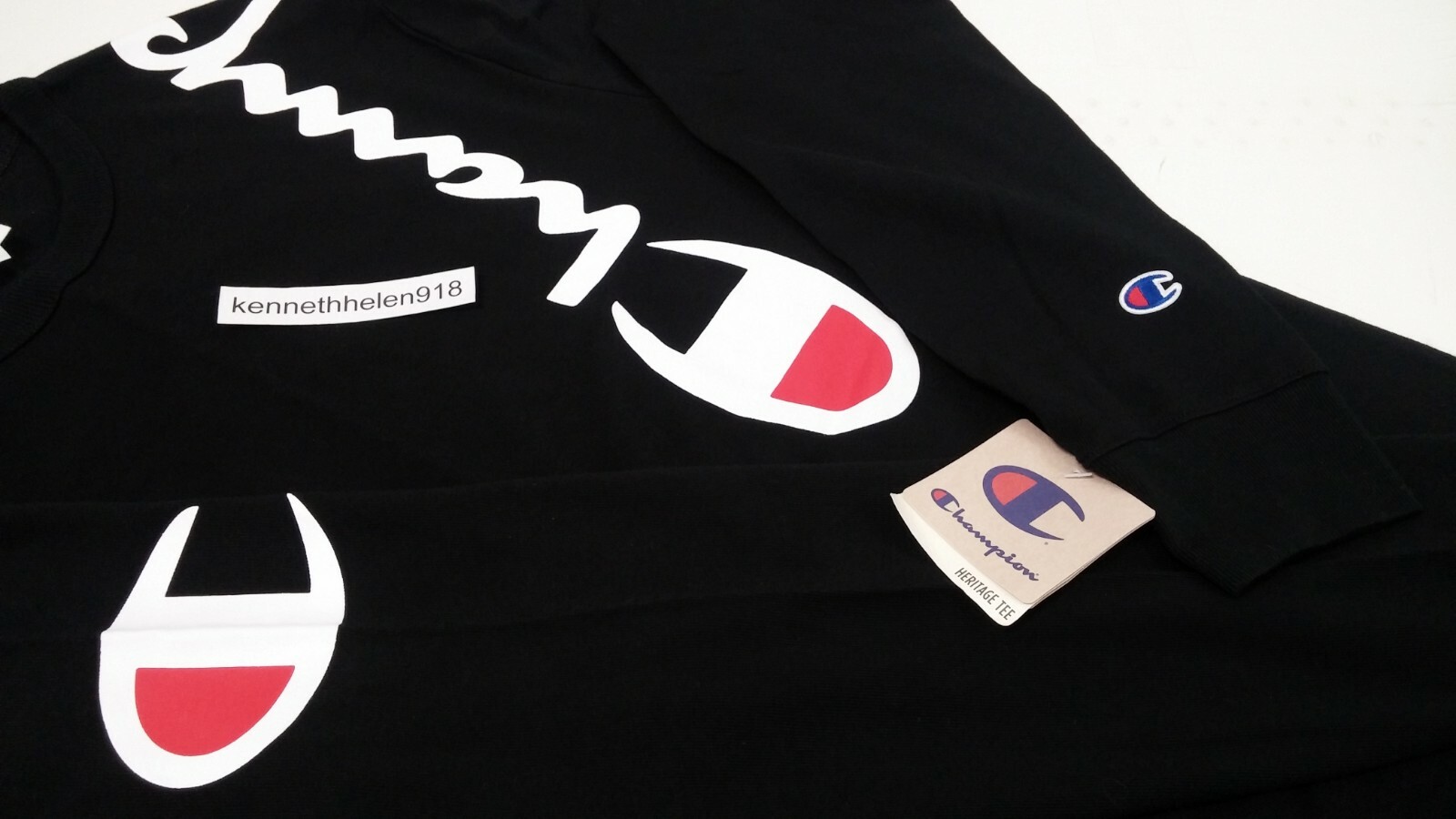 CHAMPION HERITAGE OVER SHOULDER SCRIPT LONG SLEEVE TEE SHIRT BLACK MENS SIZE M