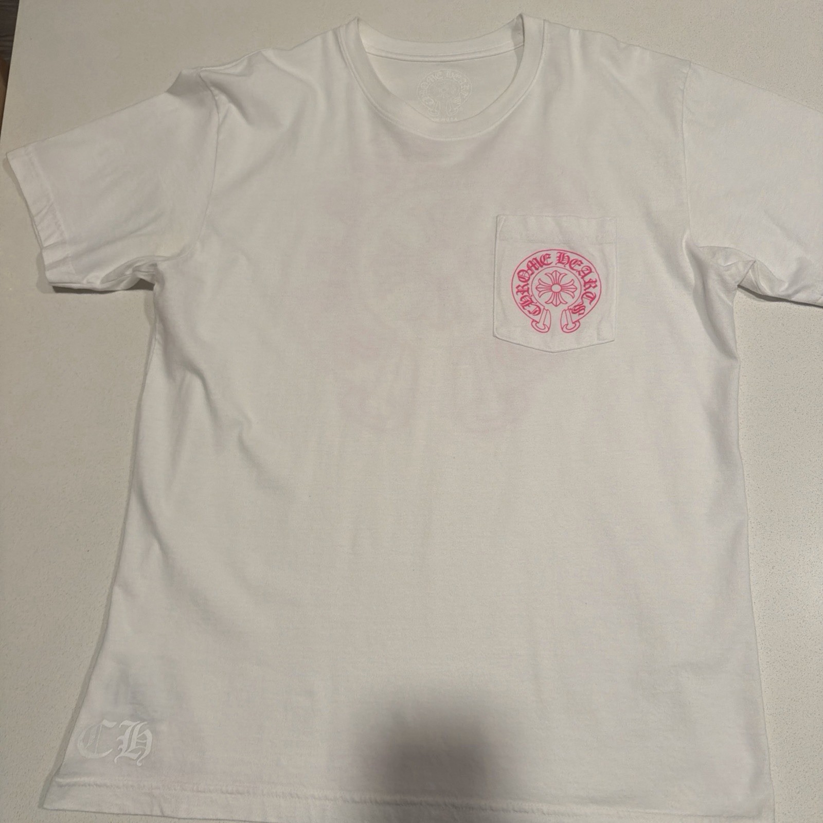 Chrome Hearts Horseshoe Plus Logo Pocket Short Sleeve Tee Shirt White Pink Large