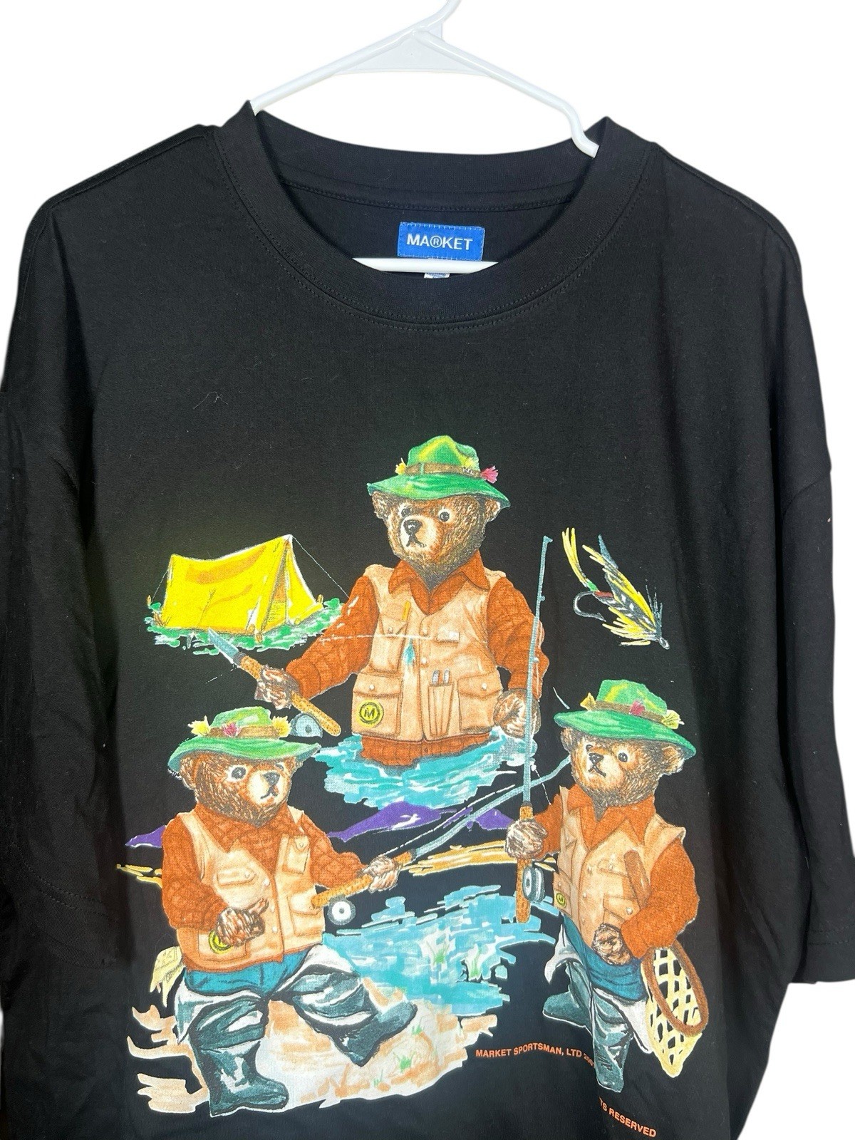 Vintage Y2K Market Sportsman Fishing Bears Graphic T-Shirt XL Black Outdoors