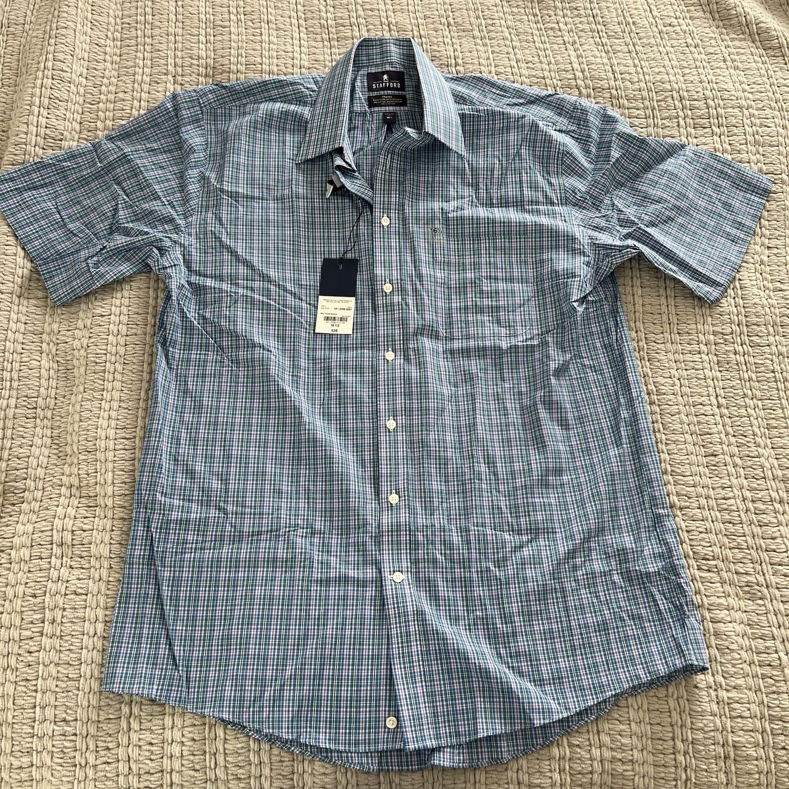 Stafford Travel Easy-Care Broadcloth Short Sleeve Plaid Shirt Size 16.5