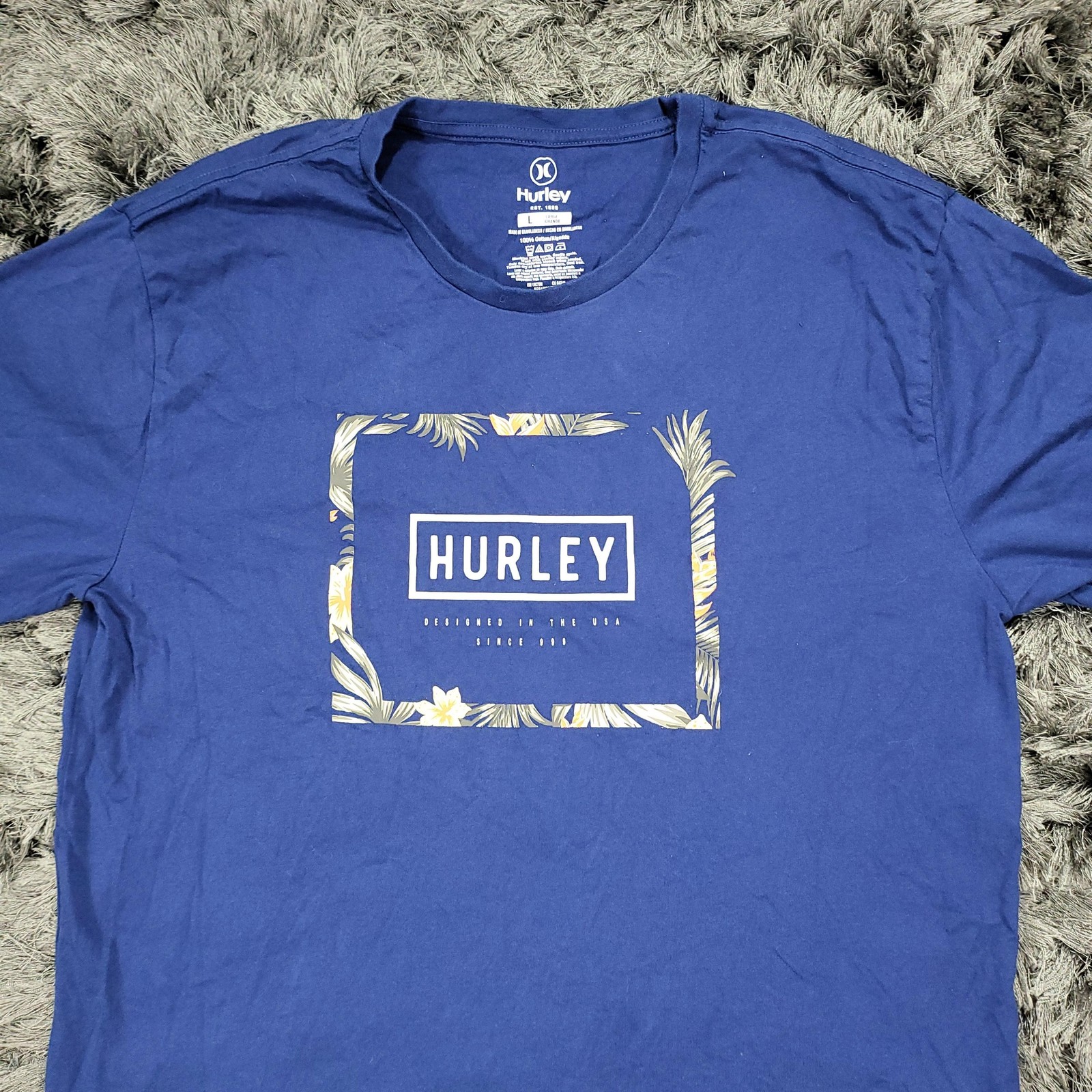 Hurley Shirt Mens Large Blue Tropical Logo Graphic Tee Tagless Crewneck Surf