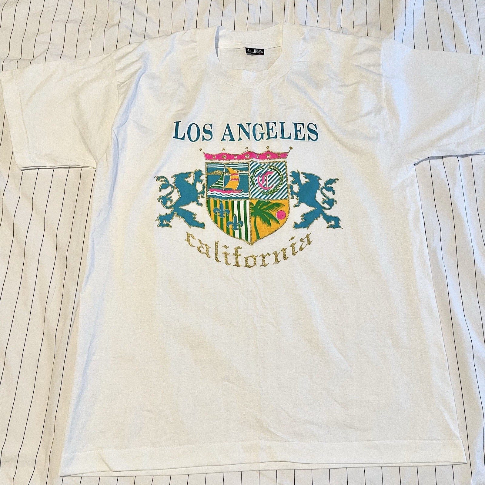 VTG 90s LA California Crest Glitter Lion Shirt Single Stitch Large Beach Sailing