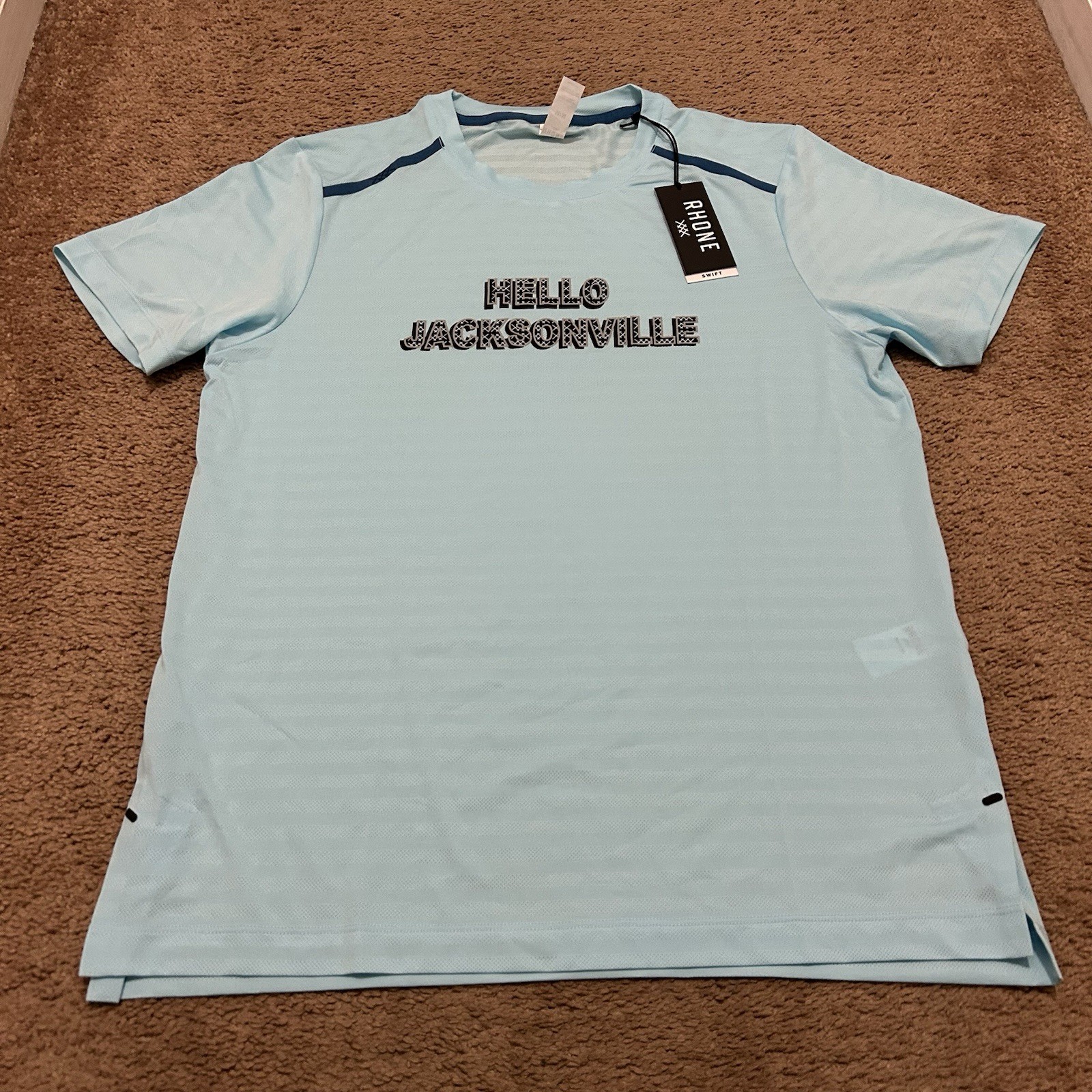 Rhone Swift Short Sleeve Shirt Hello Jacksonville Size M Castaway Blue
