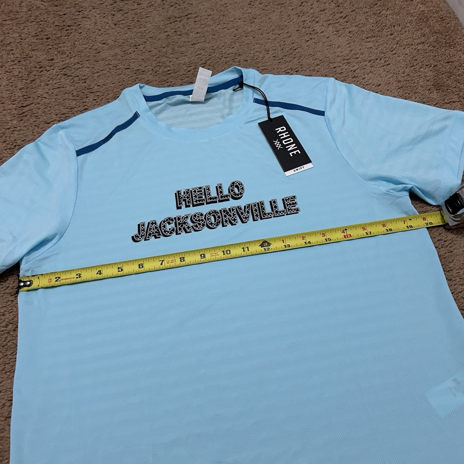Rhone Swift Short Sleeve Shirt Hello Jacksonville Size M Castaway Blue