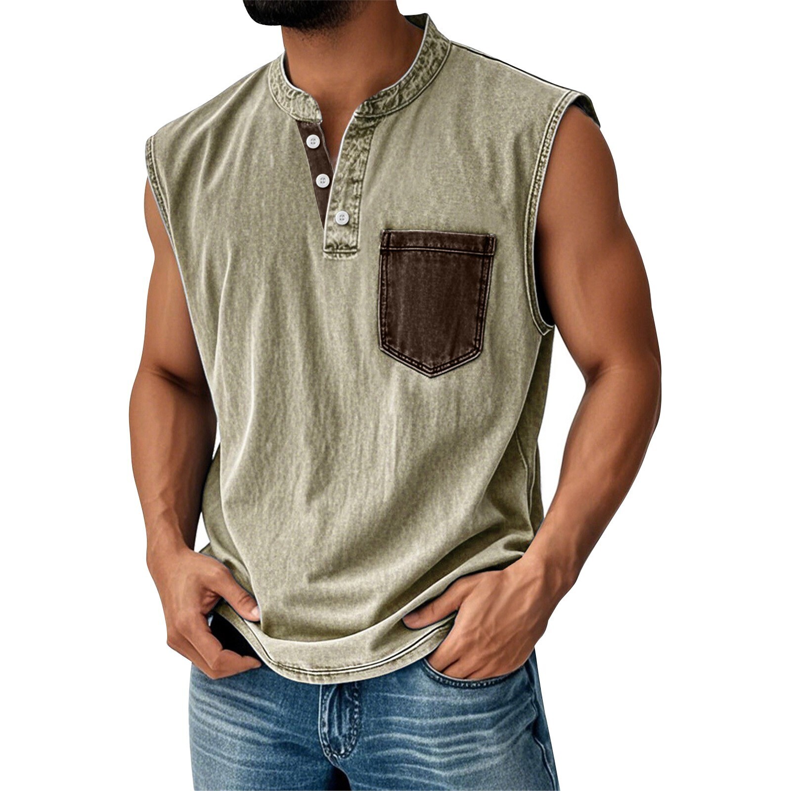 Men Sleeveless Beach Shirts Summer Hawaiian Shirts Casual Button Henley Tank Top