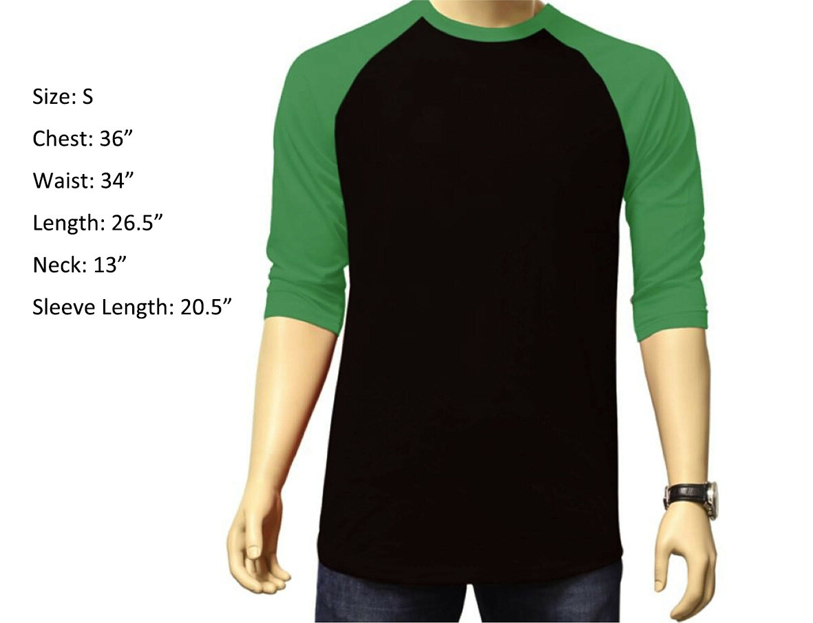 3/4 Sleeve Raglan Baseball Mens Plain Tee Jersey Sports T-Shirt Black Green S