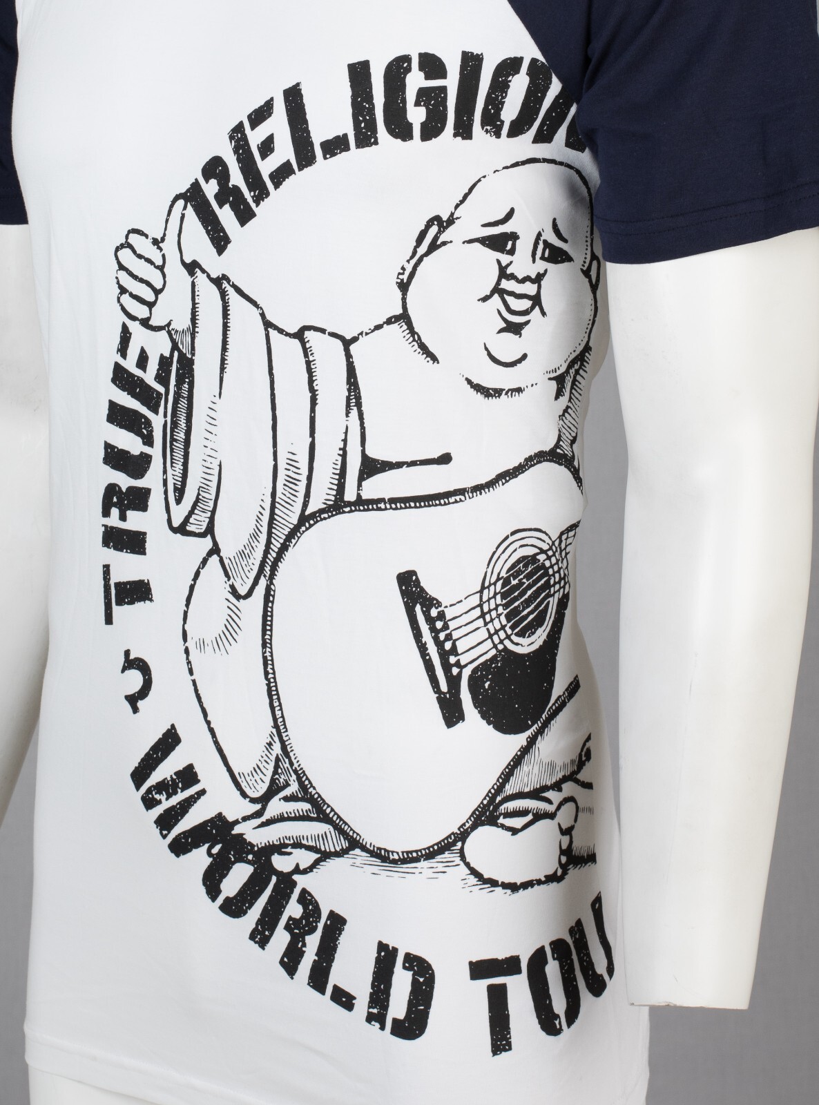 $79 TRUE RELIGION White Navy PART BUDDHA Short Sleeve Designer Raglan T-shirt