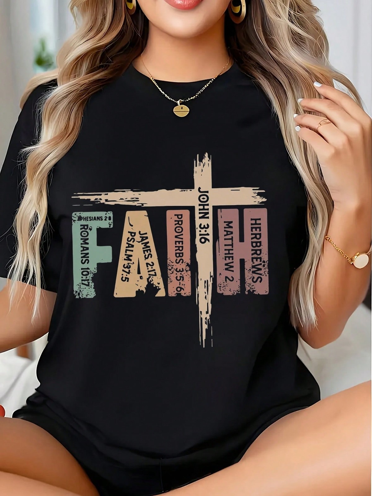 Faith Cross Bible Verse Women’s Christian Spiritual Inspirational Casual Tee