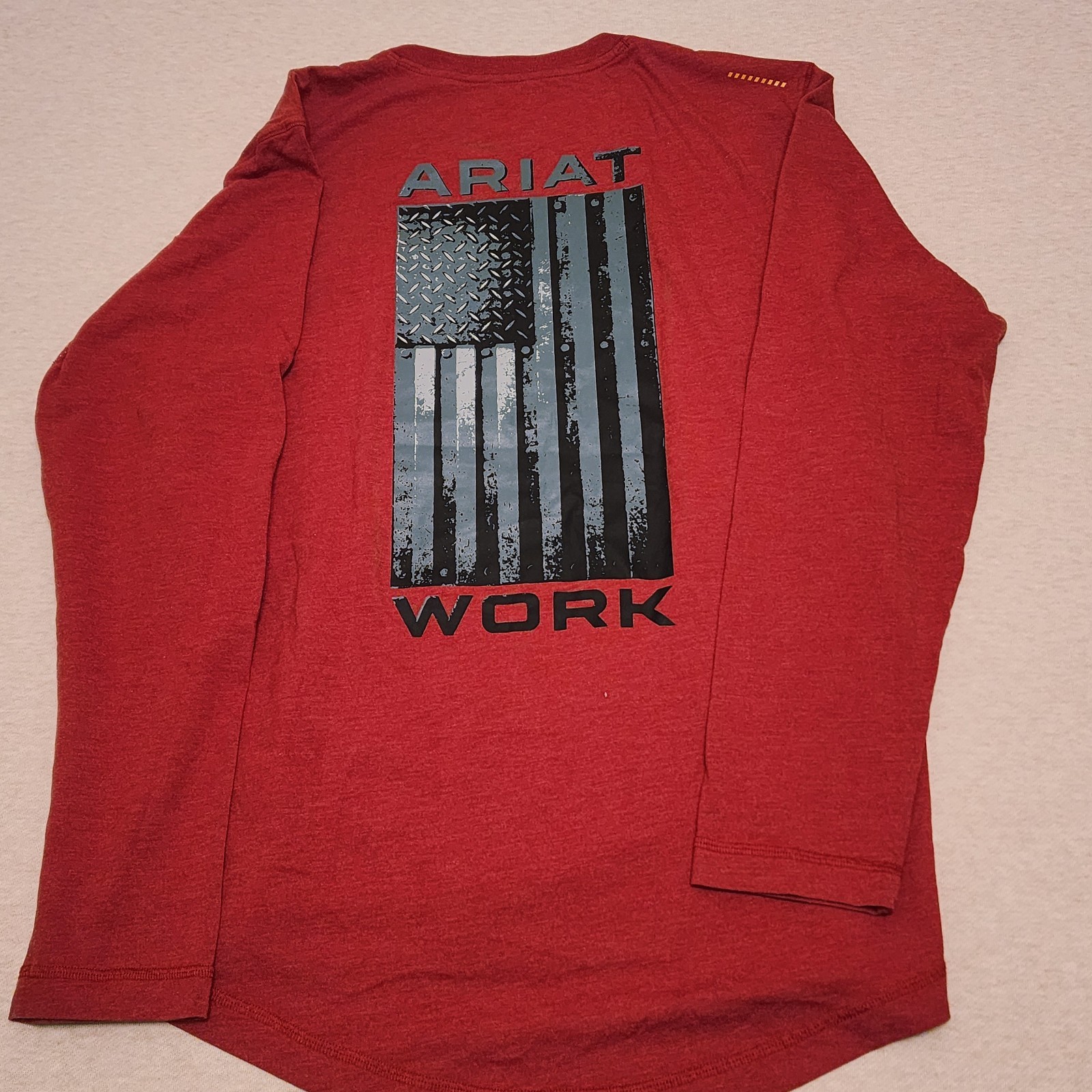 Ariat Rebar Long Sleeve Work Shirt Red, Flag Graphic on Back Mens Small *FLAW*