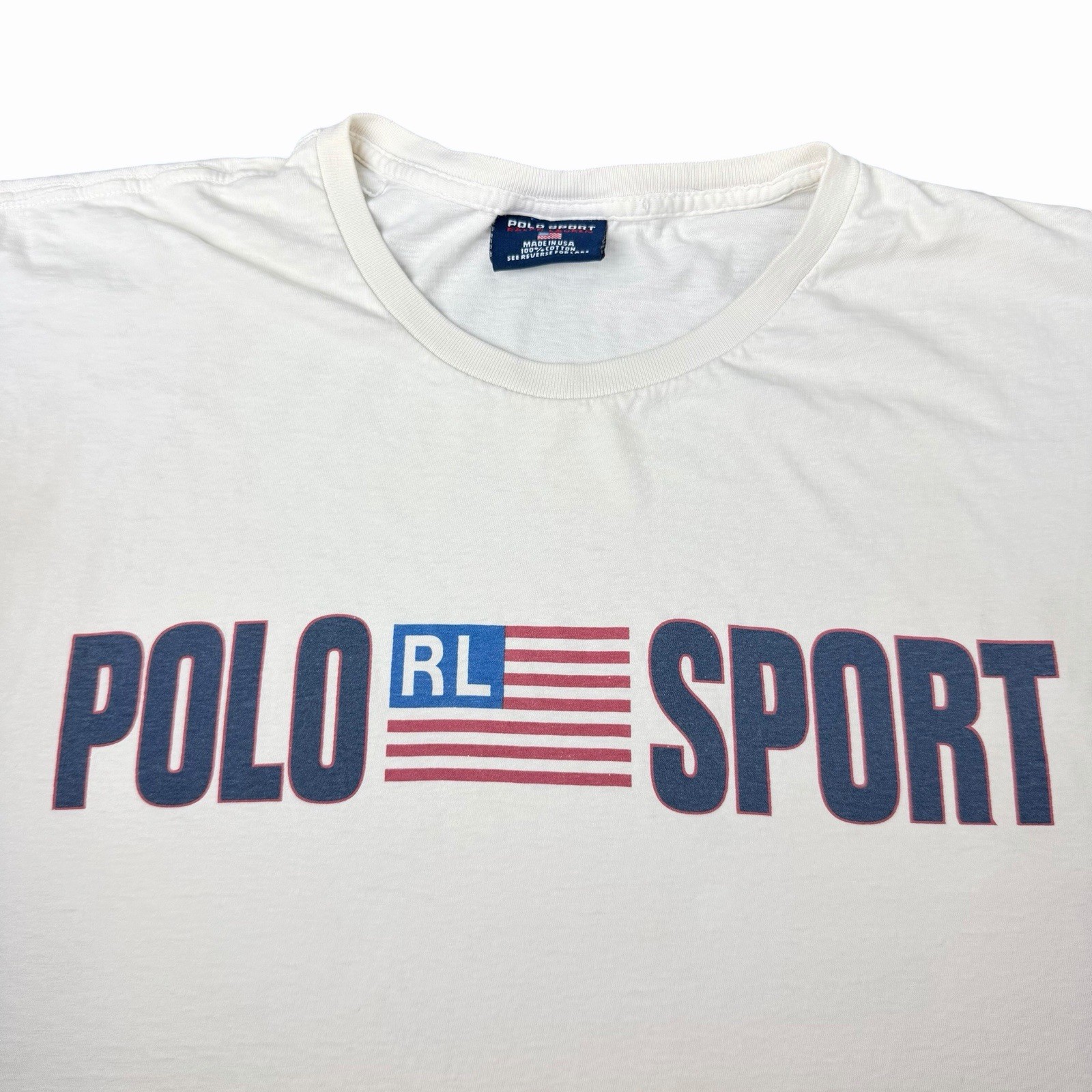 Vintage 90s Polo Ralph Lauren Sport USA Flag Logo T-Shirt White Adult Size XL OG
