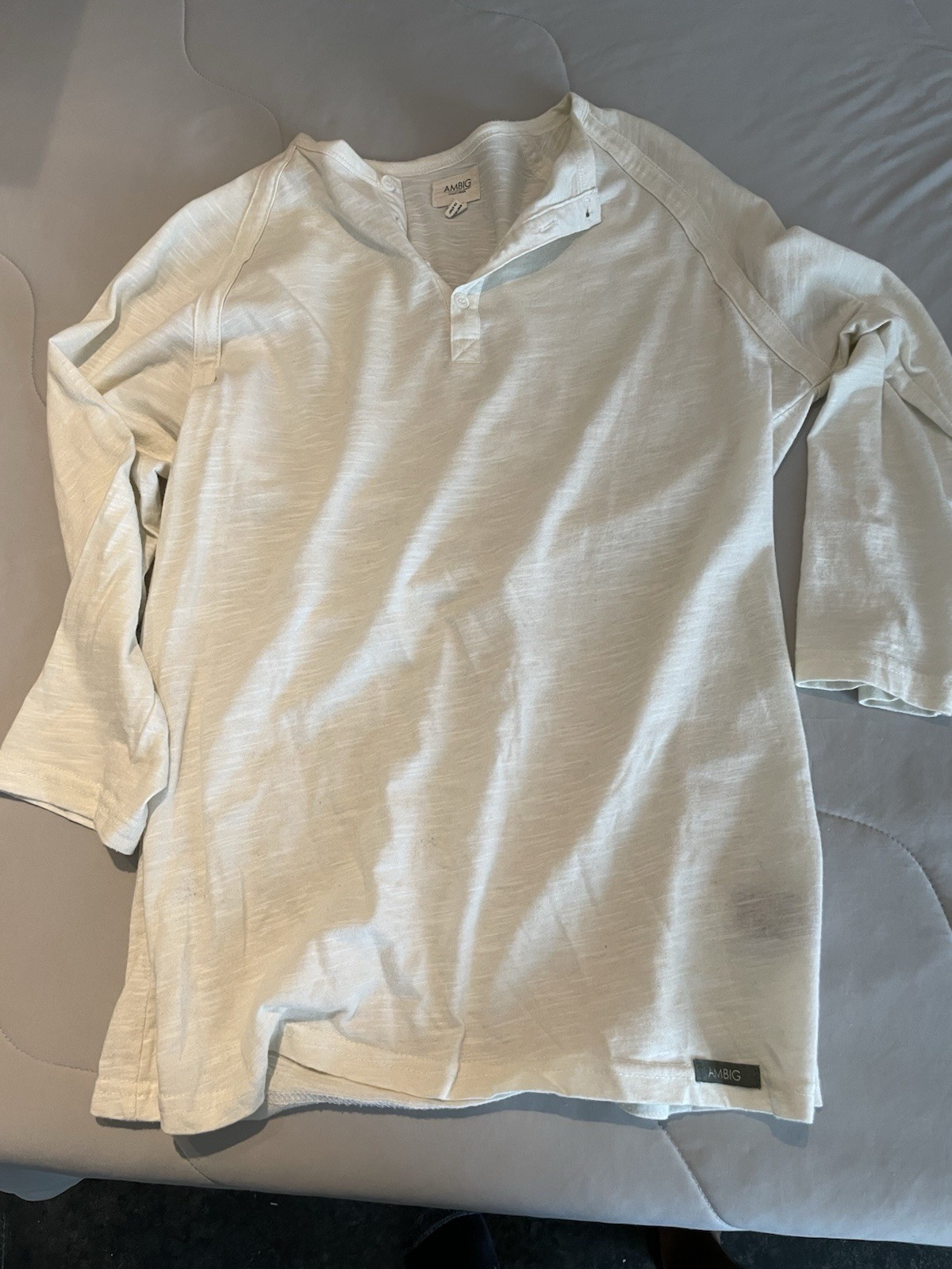 AMBIG Mens Cream White Solid Henley Top Long Sleeve Button Knit, Size M